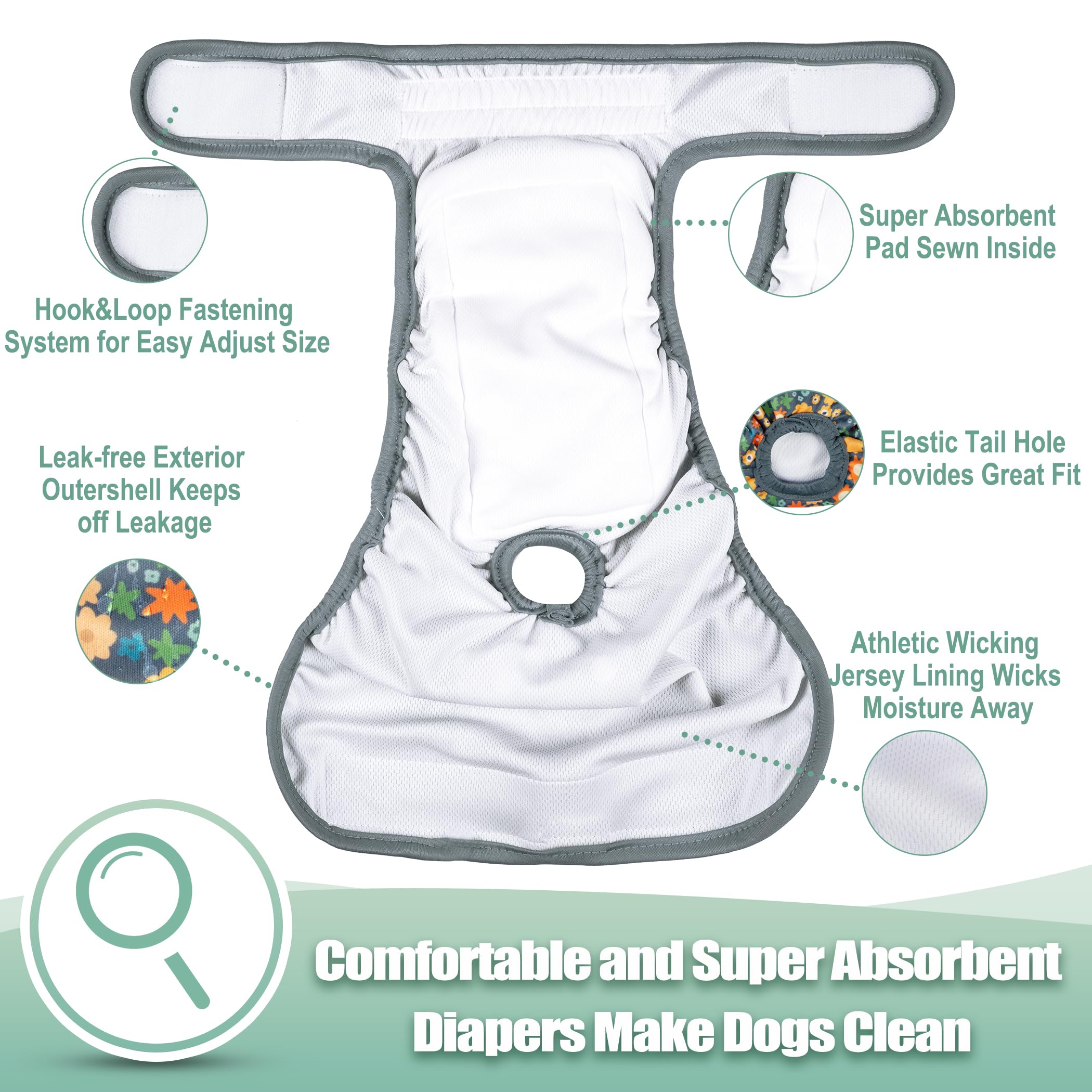 Wegreeco washable dog diapers with absorbent core keep moisture contained.