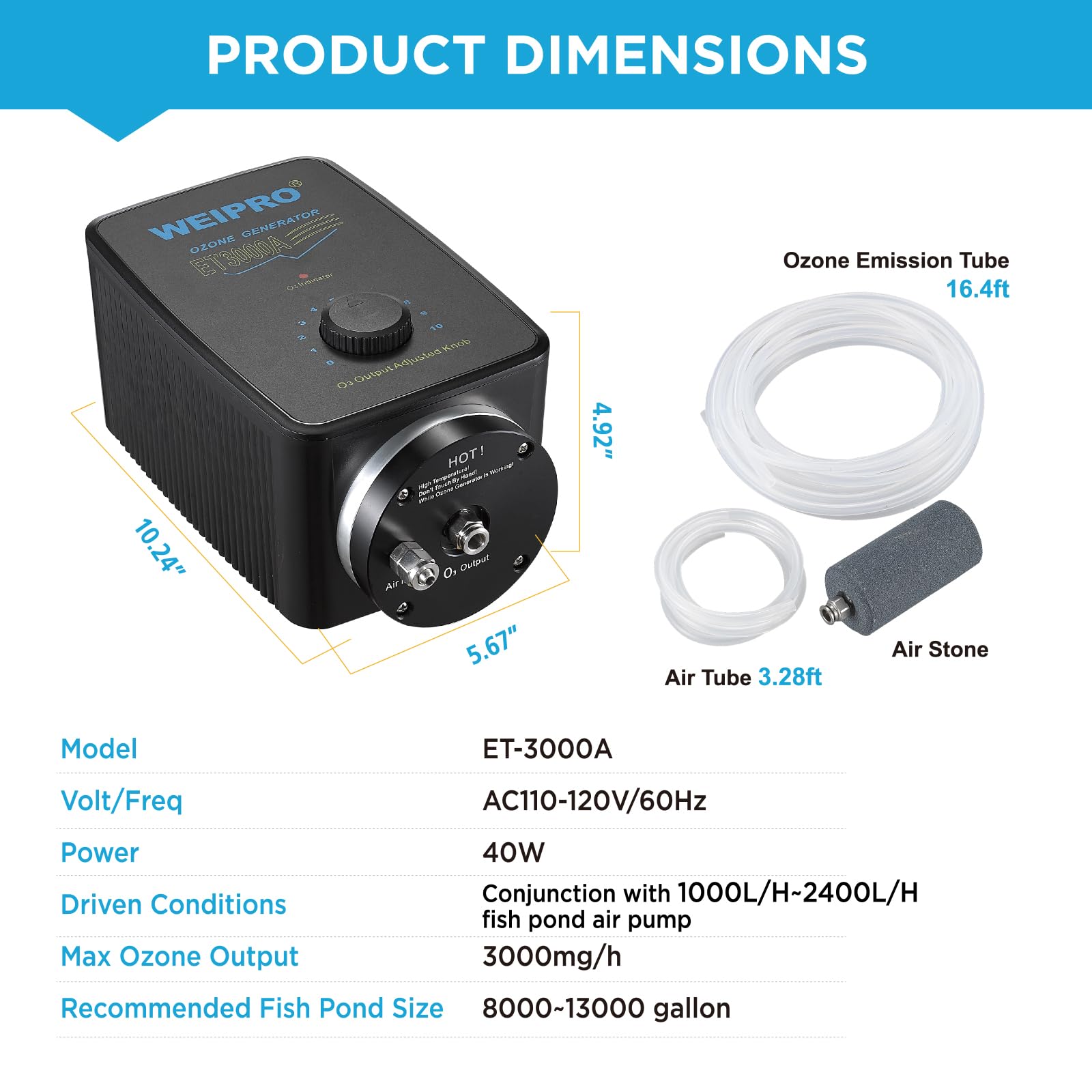 Weipro Ozonizer ET3000A installed beside aquarium pond setup for clear water outcomes.