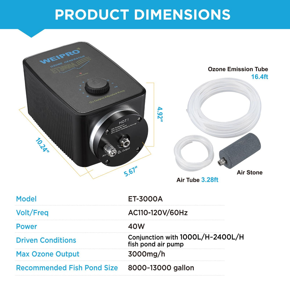 Weipro Ozonizer ET3000A installed beside aquarium pond setup for clear water outcomes.