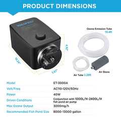 Weipro Ozonizer ET3000A installed beside aquarium pond setup for clear water outcomes.