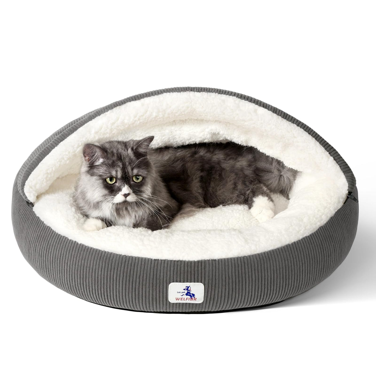 Welfibr covered cat bed in gray creates a snug cave for privacy and warmth.