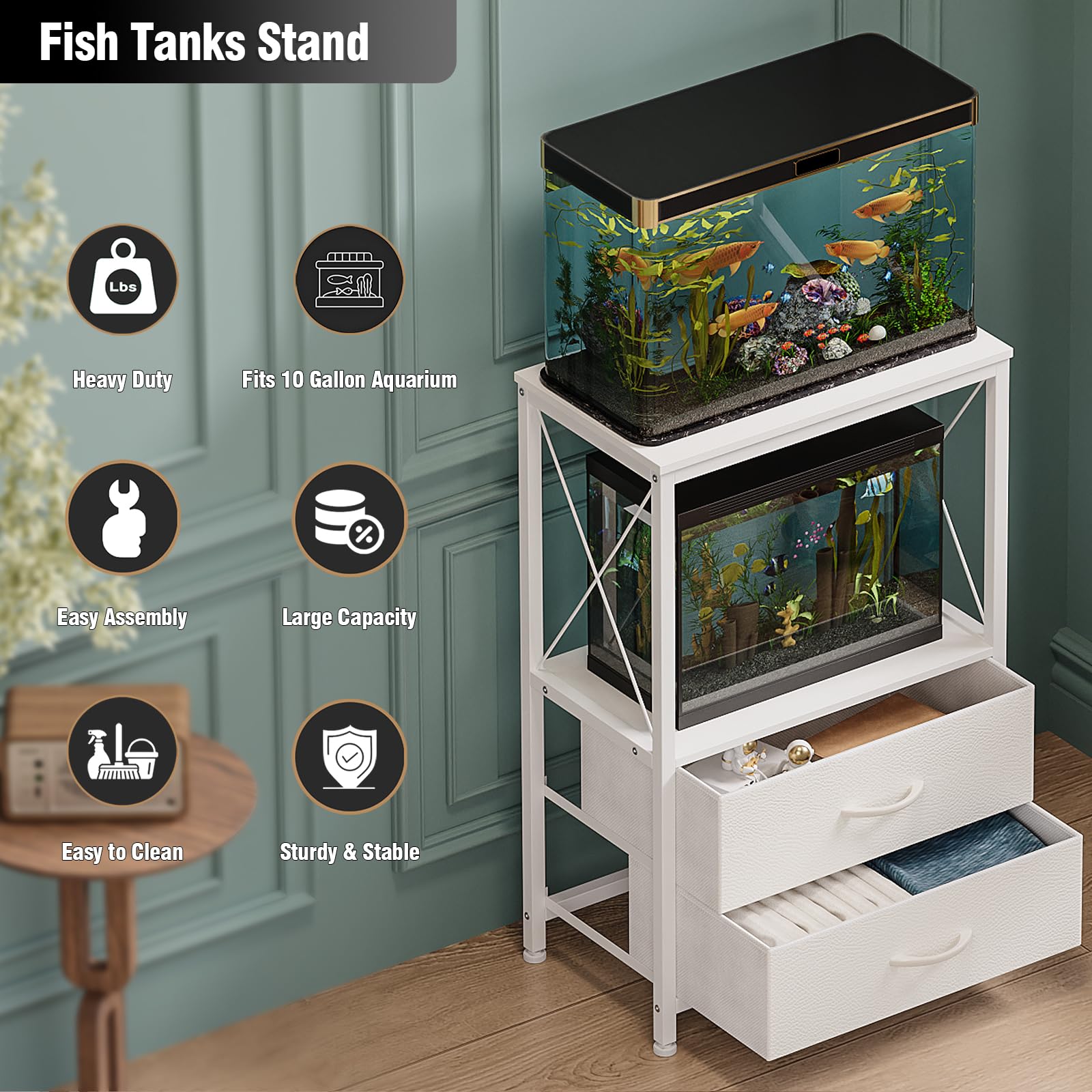 Welfuturer fish tank stand dimensions hint; footprint fits on desks or floors