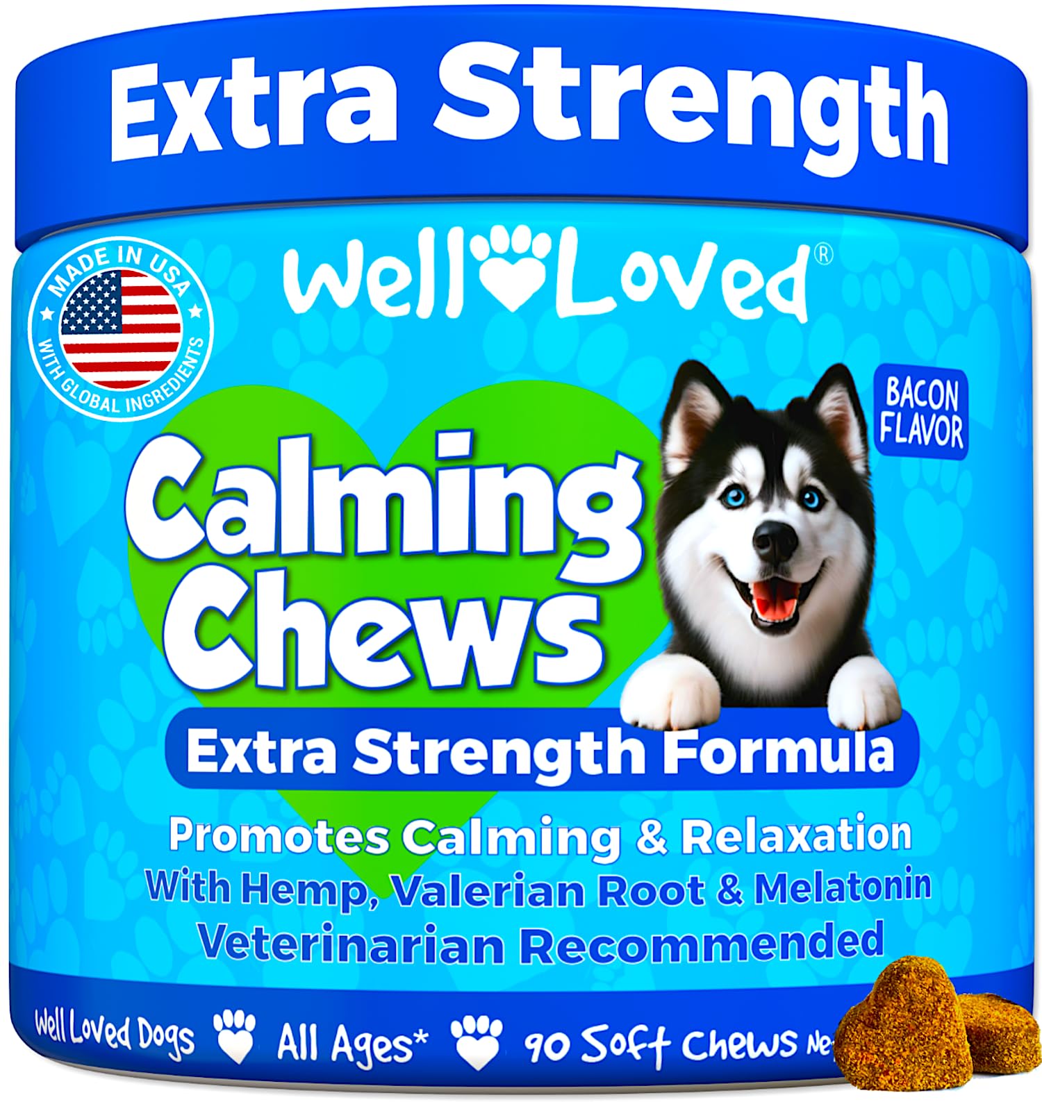 Well Loved Calming Chews bottle shows a US-made calming aid for anxious dogs