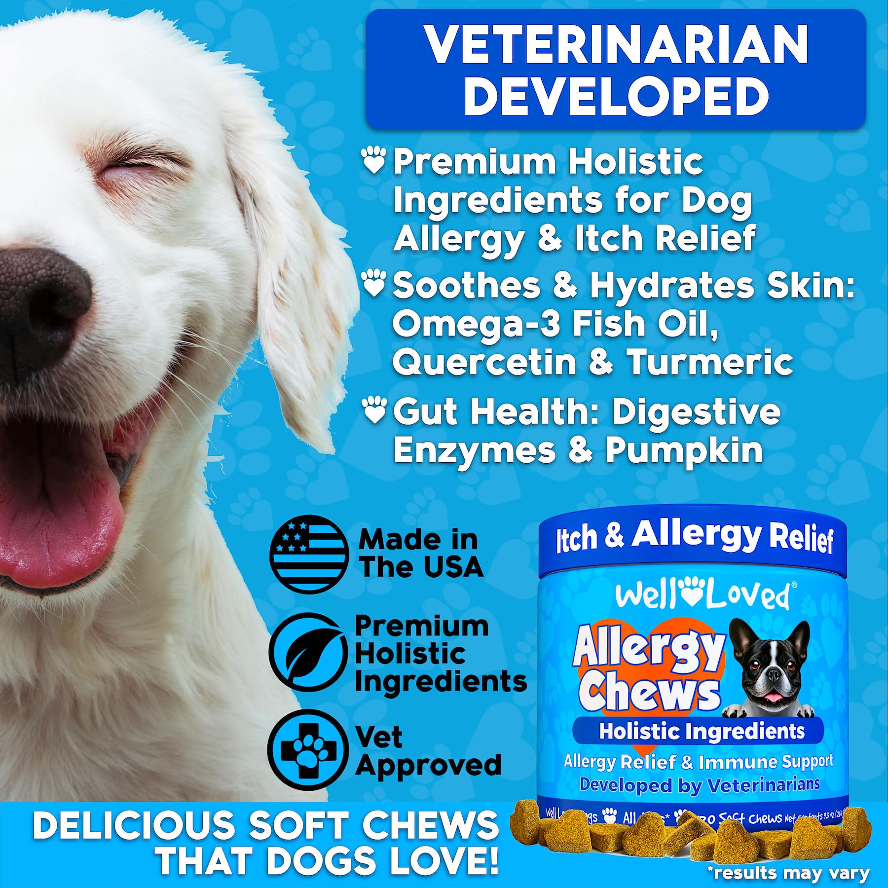 Well Loved dog allergy chews bag closeup showing natural ingredients