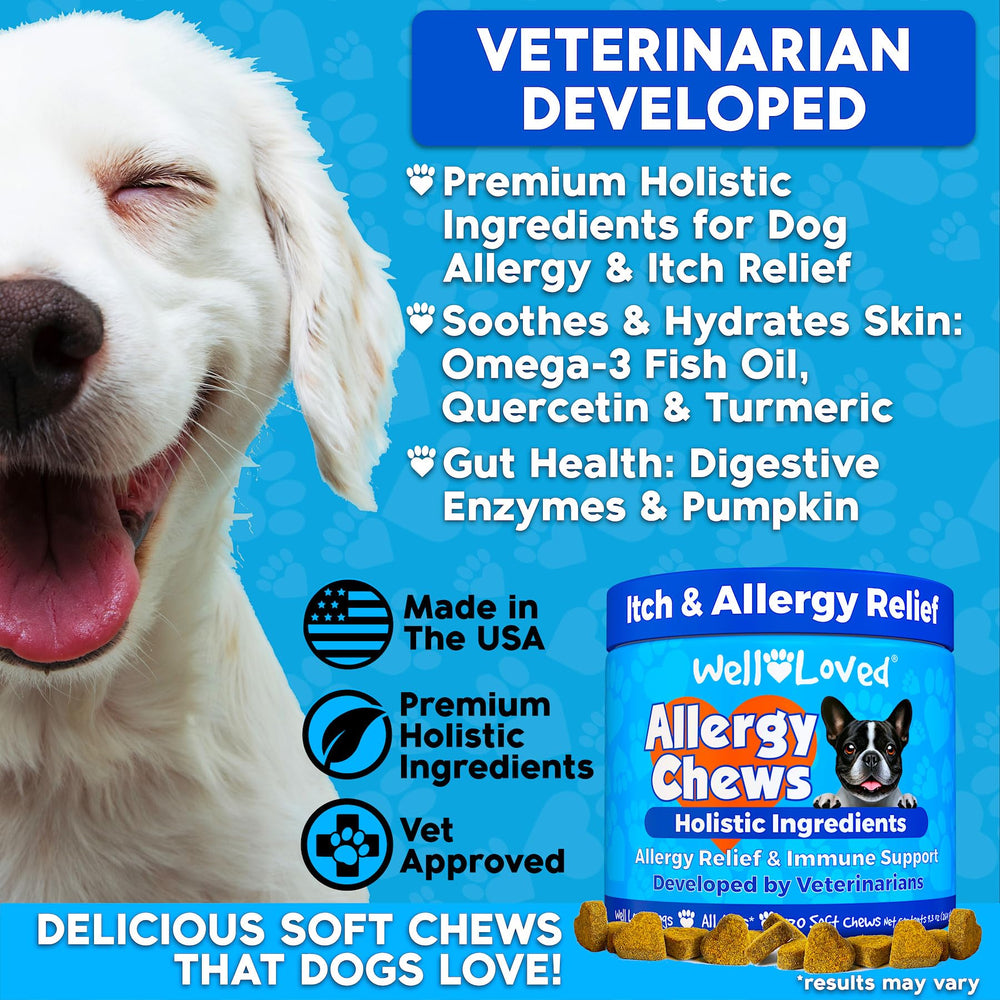 Well Loved dog allergy chews bag closeup showing natural ingredients