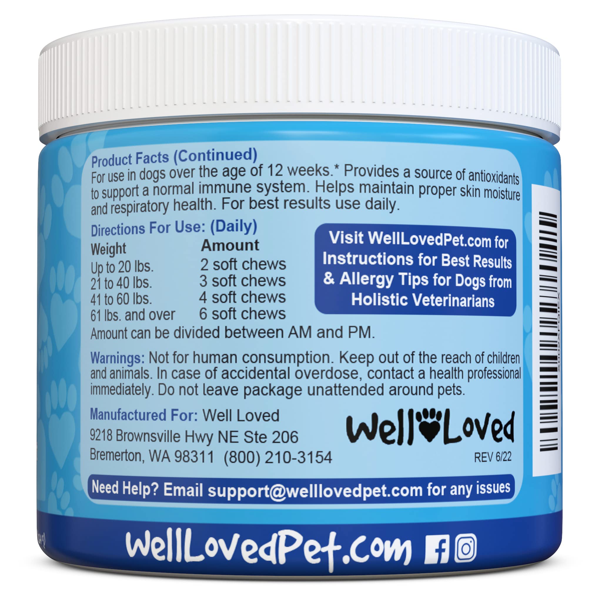 Well Loved dog allergy chews ingredient panel closeup with pumpkin powder and bromelain