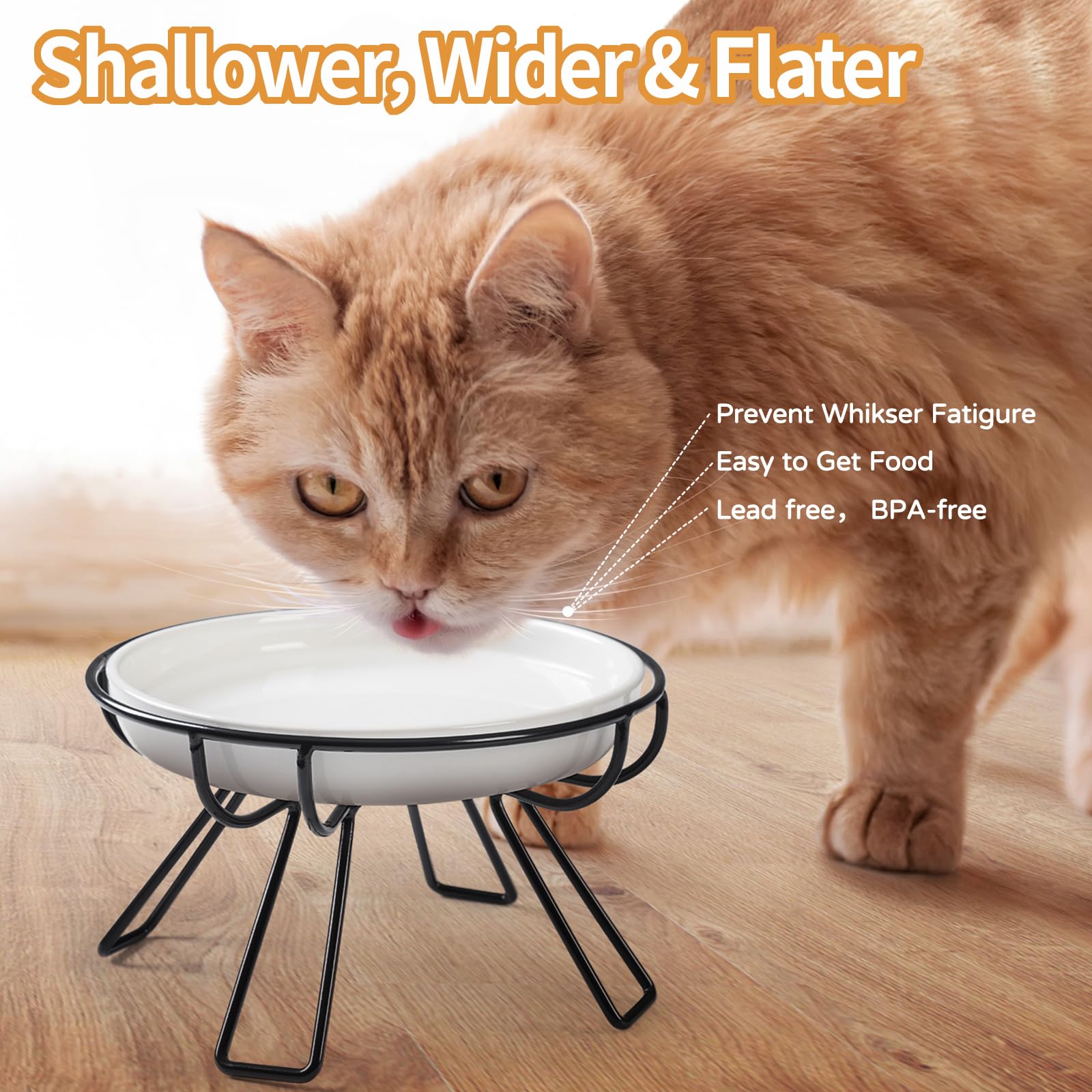 Wellbro cat dining set whisker-friendly design reduces whisker contact during meals.