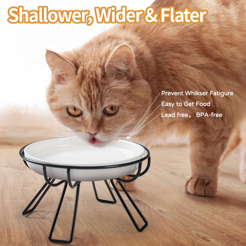 Wellbro cat dining set whisker-friendly design reduces whisker contact during meals.