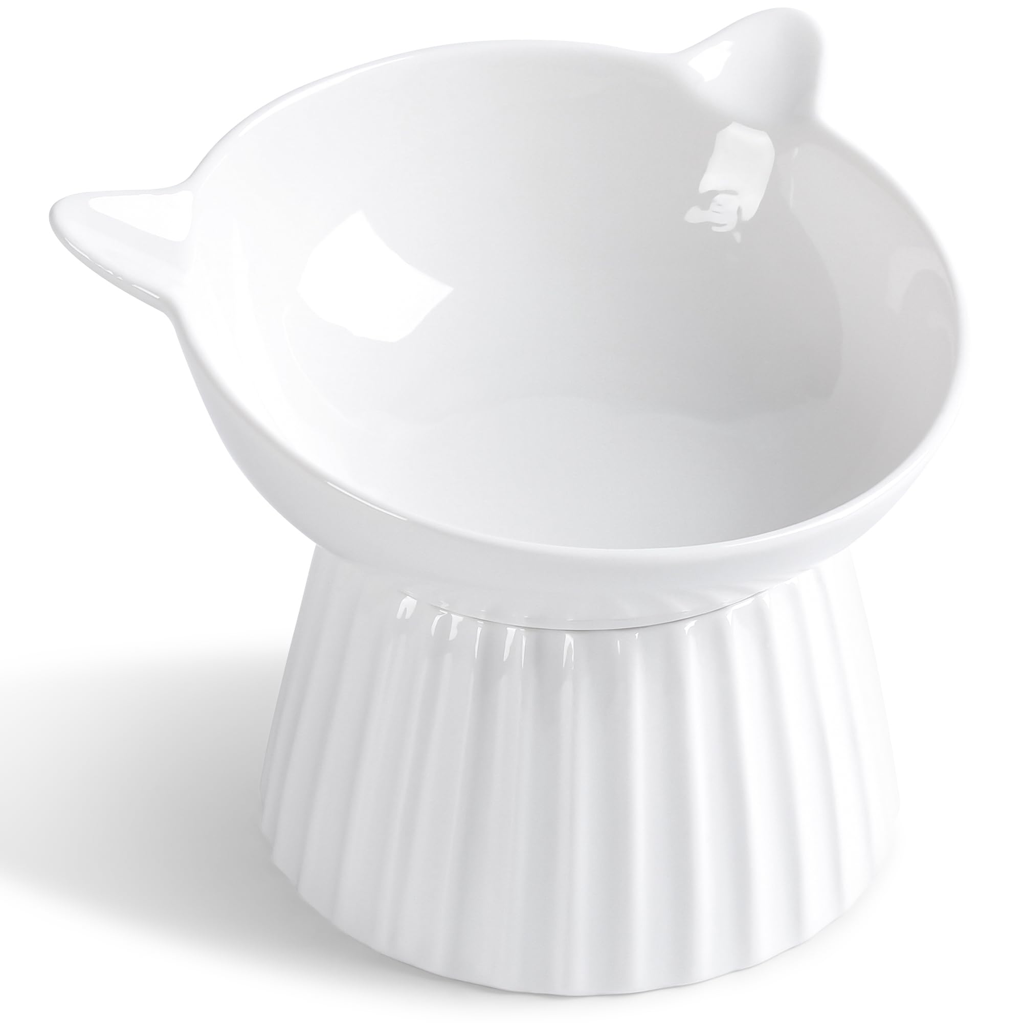 Wellbro ceramic raised cat bowl front view improves feeding comfort