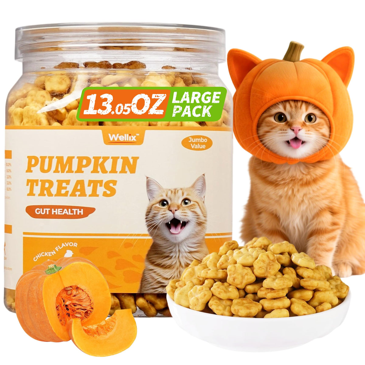 Wellix pumpkin treats - crunchy cat snack highlighting texture and fiber support