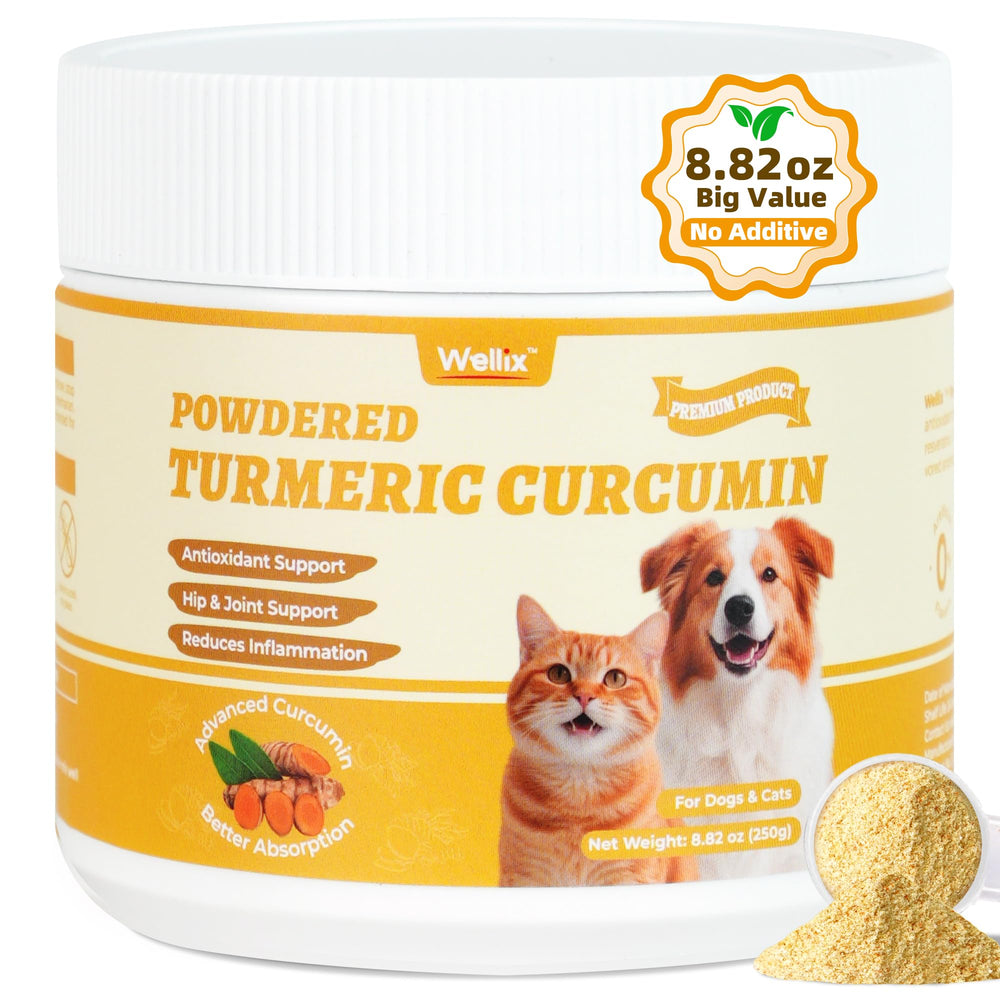 Wellix turmeric 250g bottle front demonstrates convenient pet joint support.