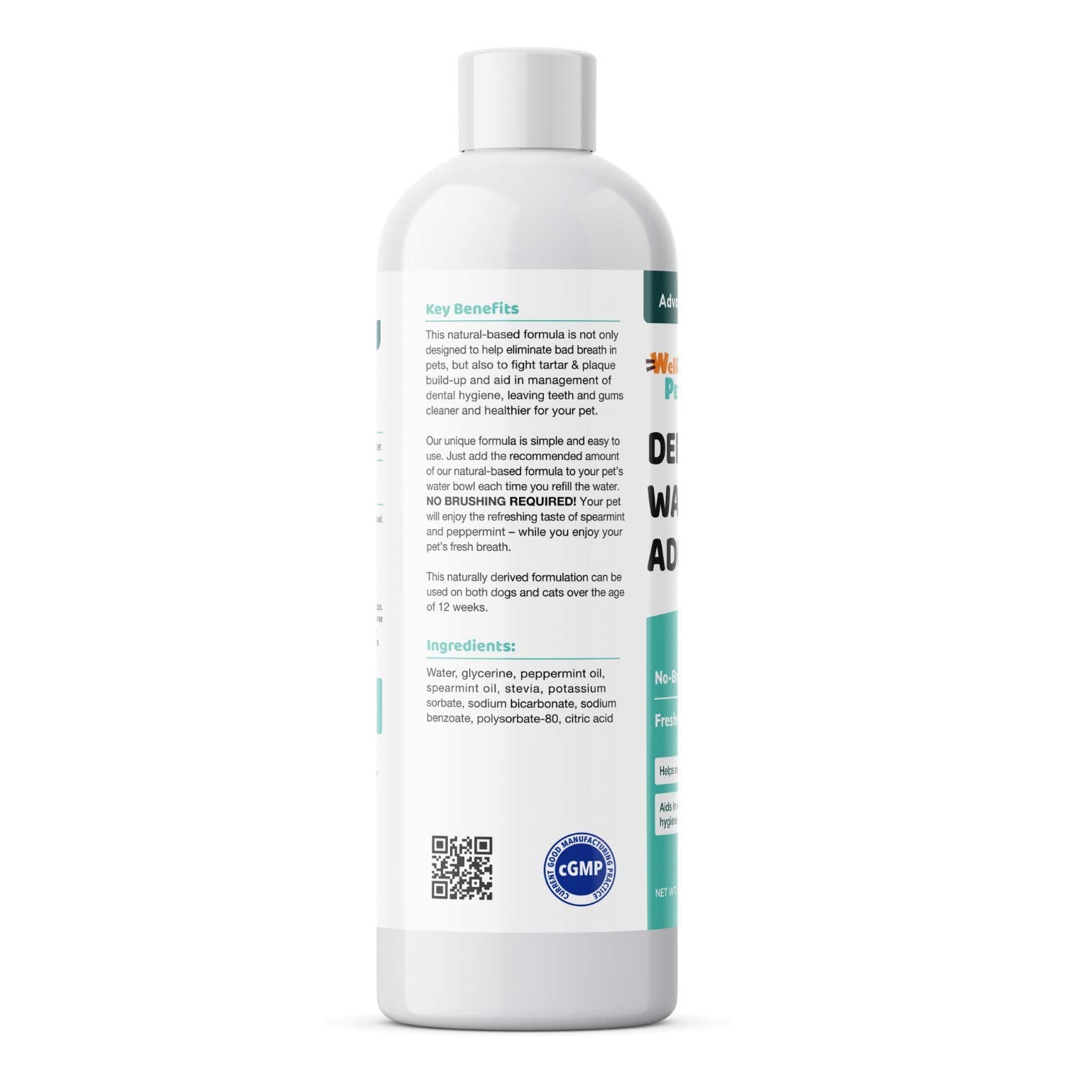 Wellnergy Pets dental care water additive dispensing cup demonstrates measured dose for simple use.