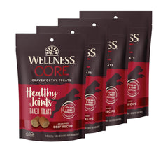 Wellness CORE Healthy Joints beef dog treat bag showing real bone marrow inside for joint support.