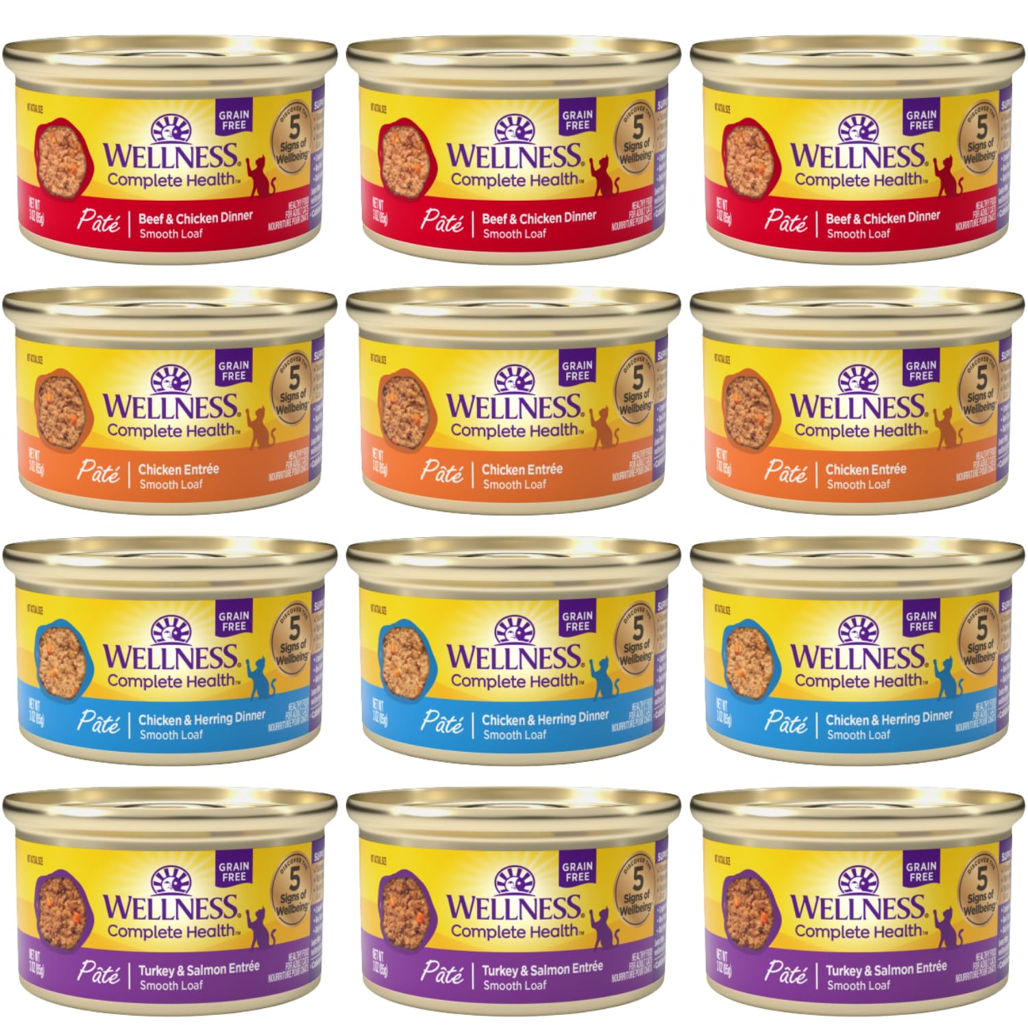 Wellness natural cat wet food pate 12-pack cans on shelf supports balanced meals for adult cats.