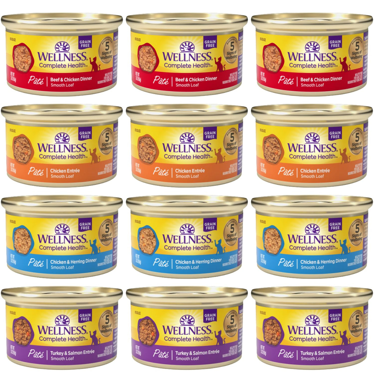 Wellness natural cat wet food pate 12-pack cans on shelf supports balanced meals for adult cats.