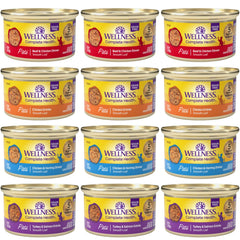 Wellness natural cat wet food pate 12-pack cans on shelf supports balanced meals for adult cats.