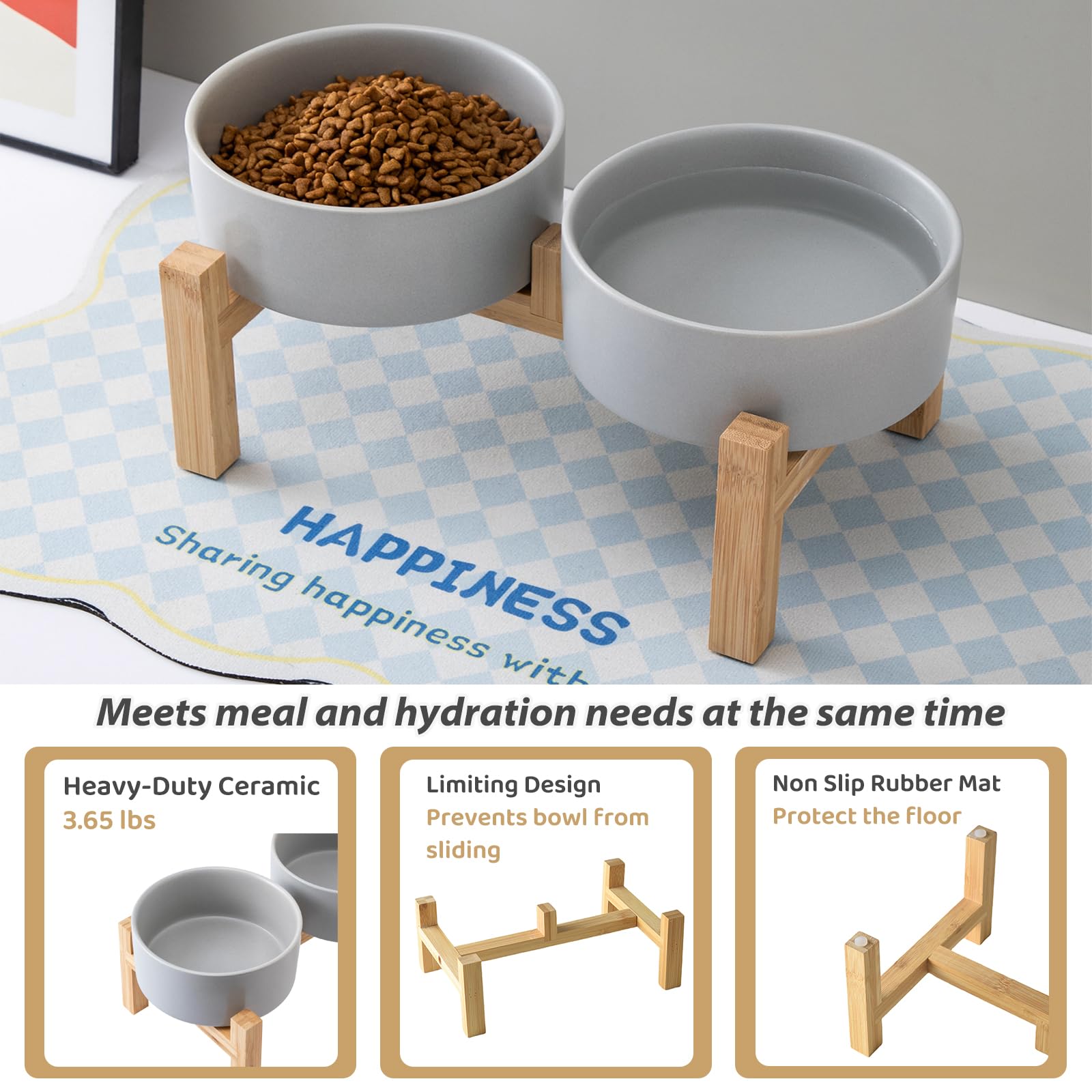 Welloyed rubber mat protects floors under the elevated bowls.