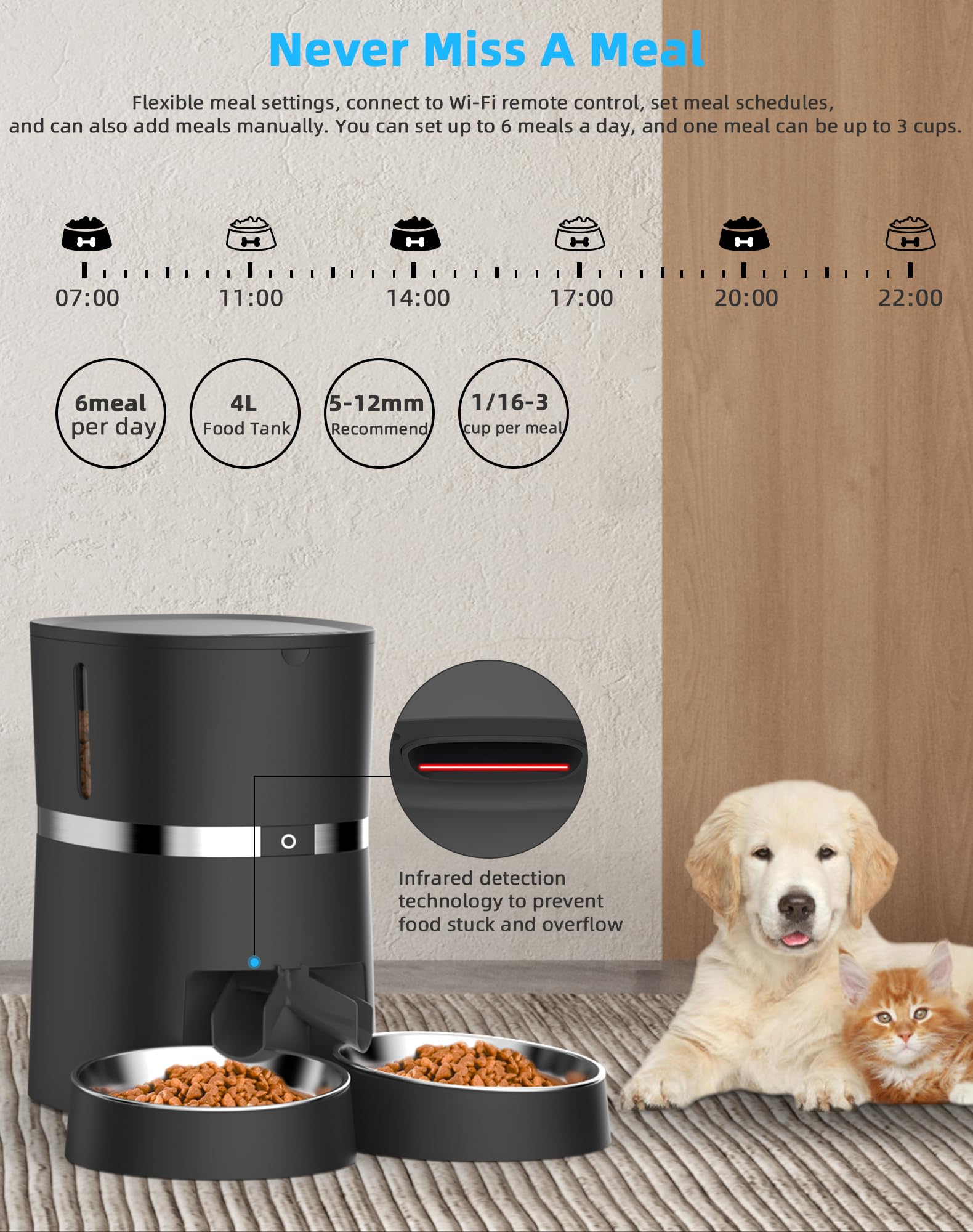 WellToBe Smart Cat Feeder 4L capacity stocked for days of meals