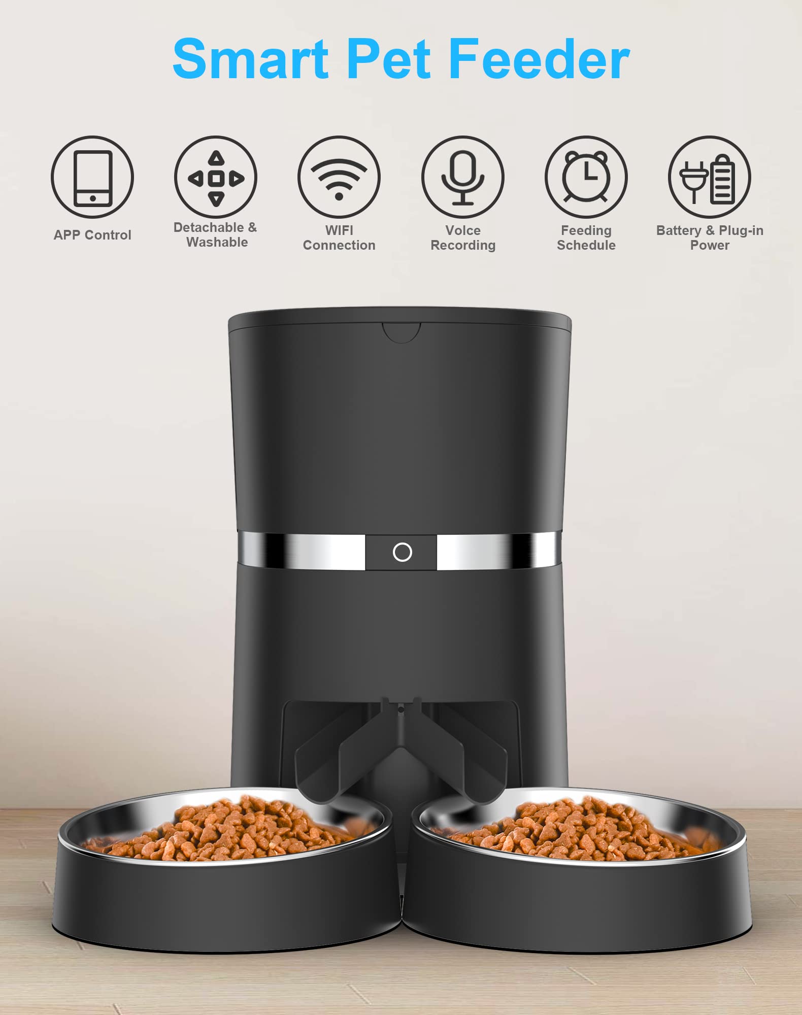 WellToBe Smart Cat Feeder with dual bowls for two pets feeding