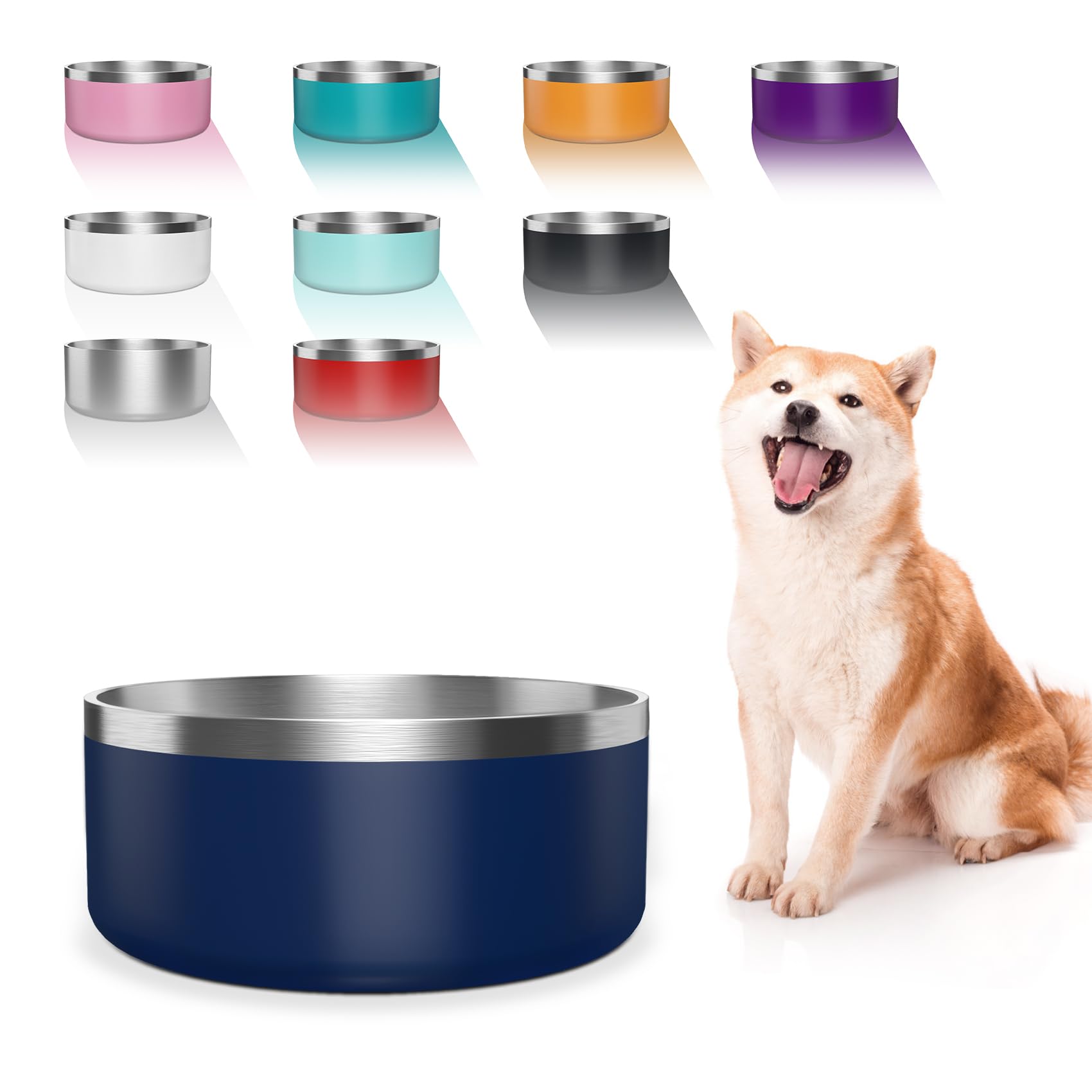 WENBOKMIN dog bowl 64oz blue front view with durable stainless steel for meals.