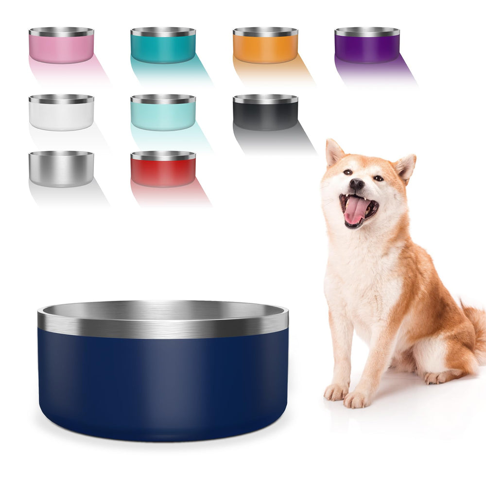 WENBOKMIN dog bowl 64oz blue front view with durable stainless steel for meals.