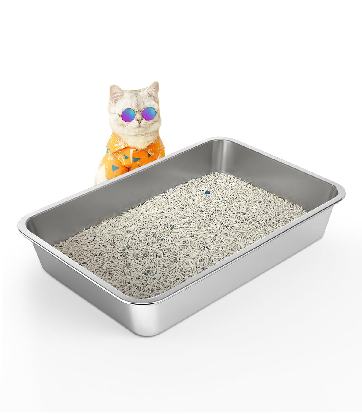 WENBOKMIN stainless steel cat litter box, front view, durable rust-resistant design for daily use