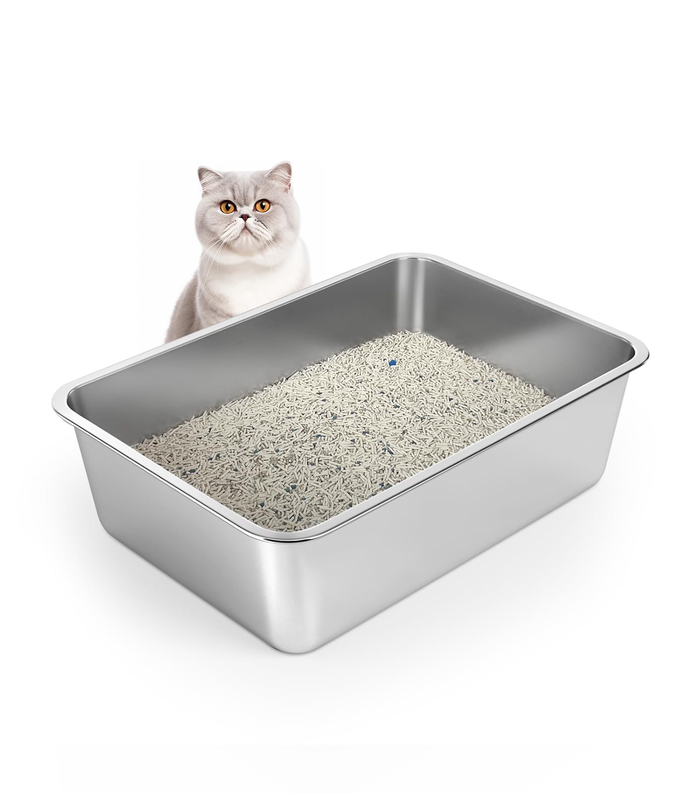 WENBOKMIN stainless steel cat litter box top view highlighting spacious area for easy movement and spill prevention