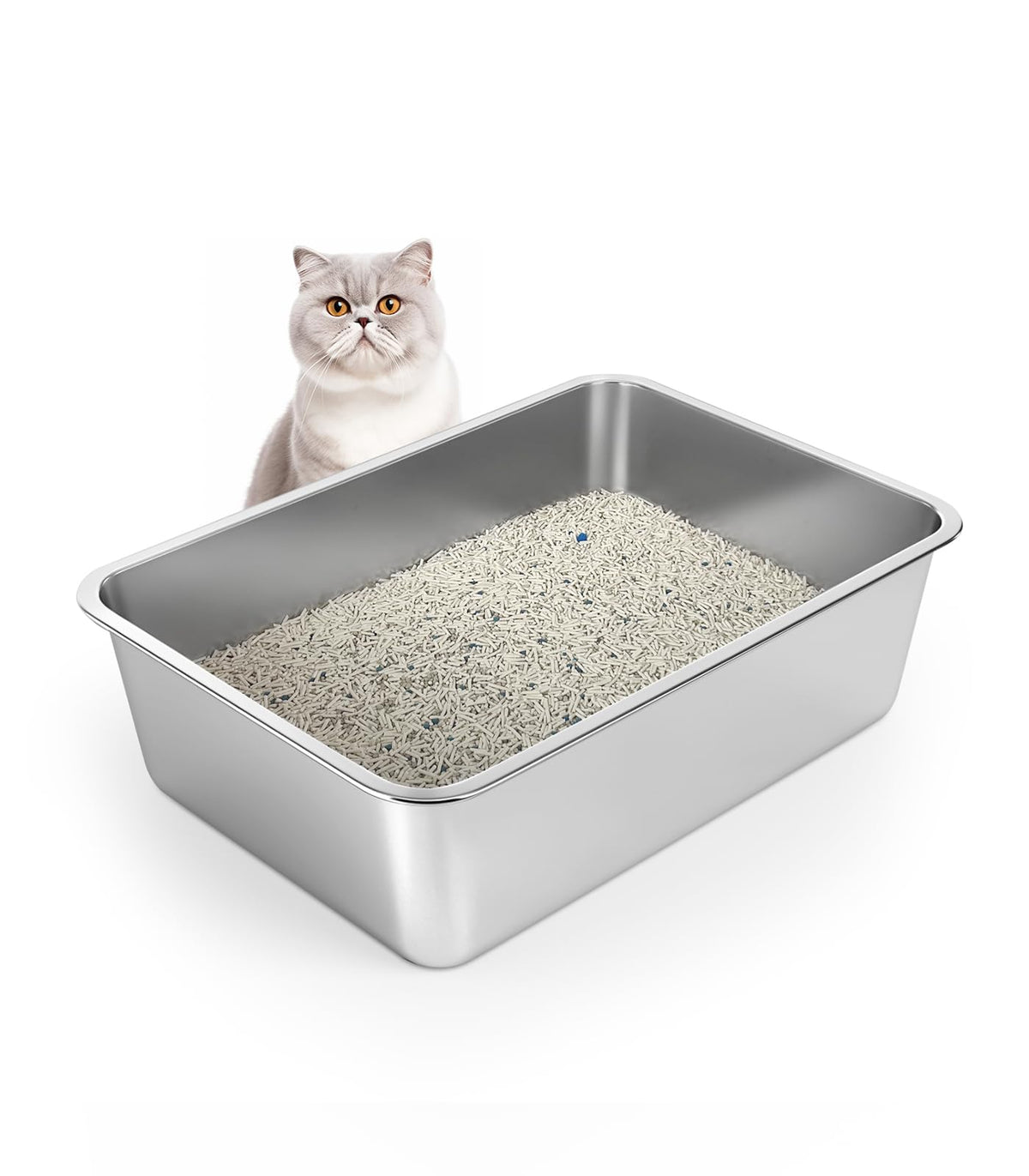 WENBOKMIN stainless steel cat litter box top view highlighting spacious area for easy movement and spill prevention