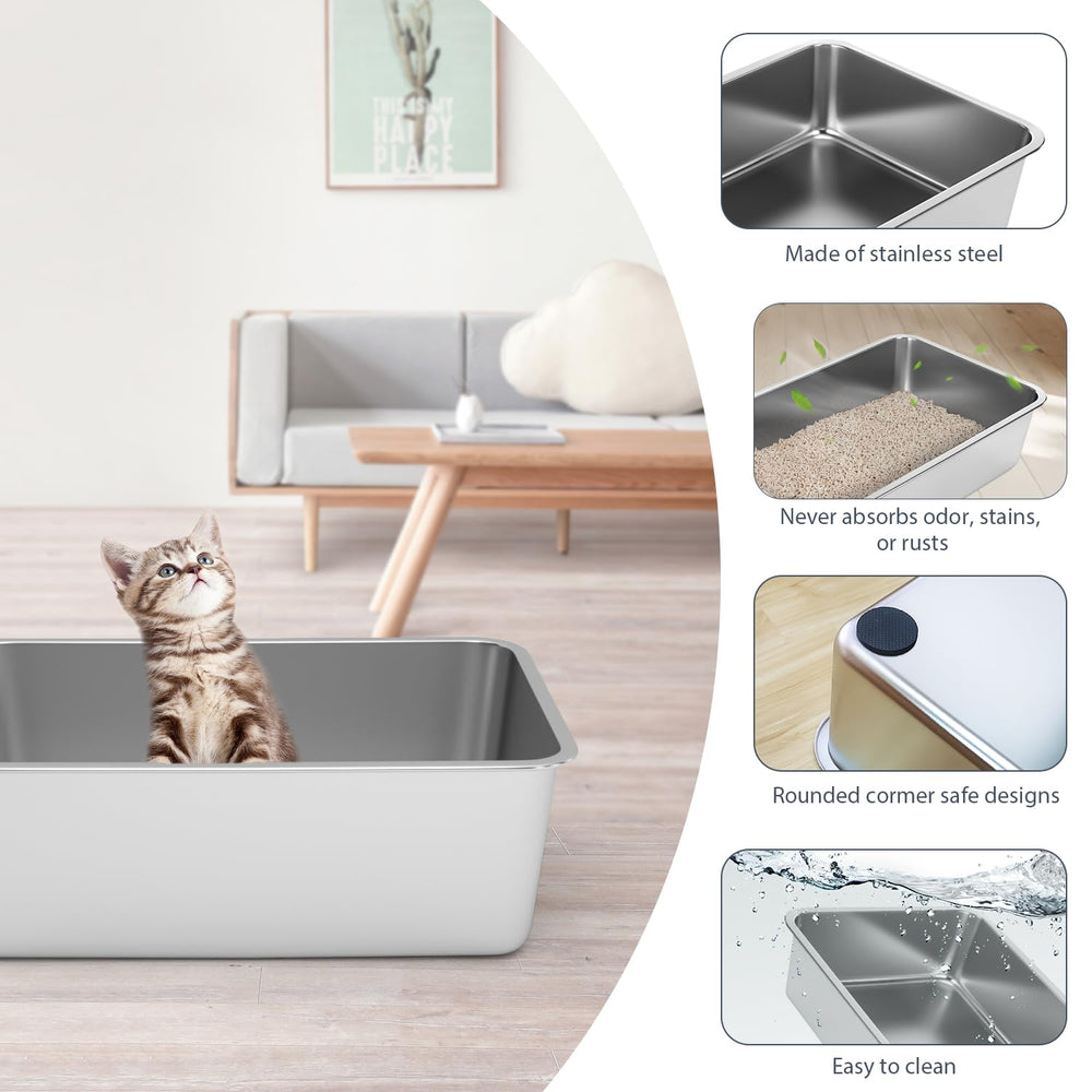 WENBOKMIN stainless steel litter box side view emphasizes safety-enhanced smooth edges.