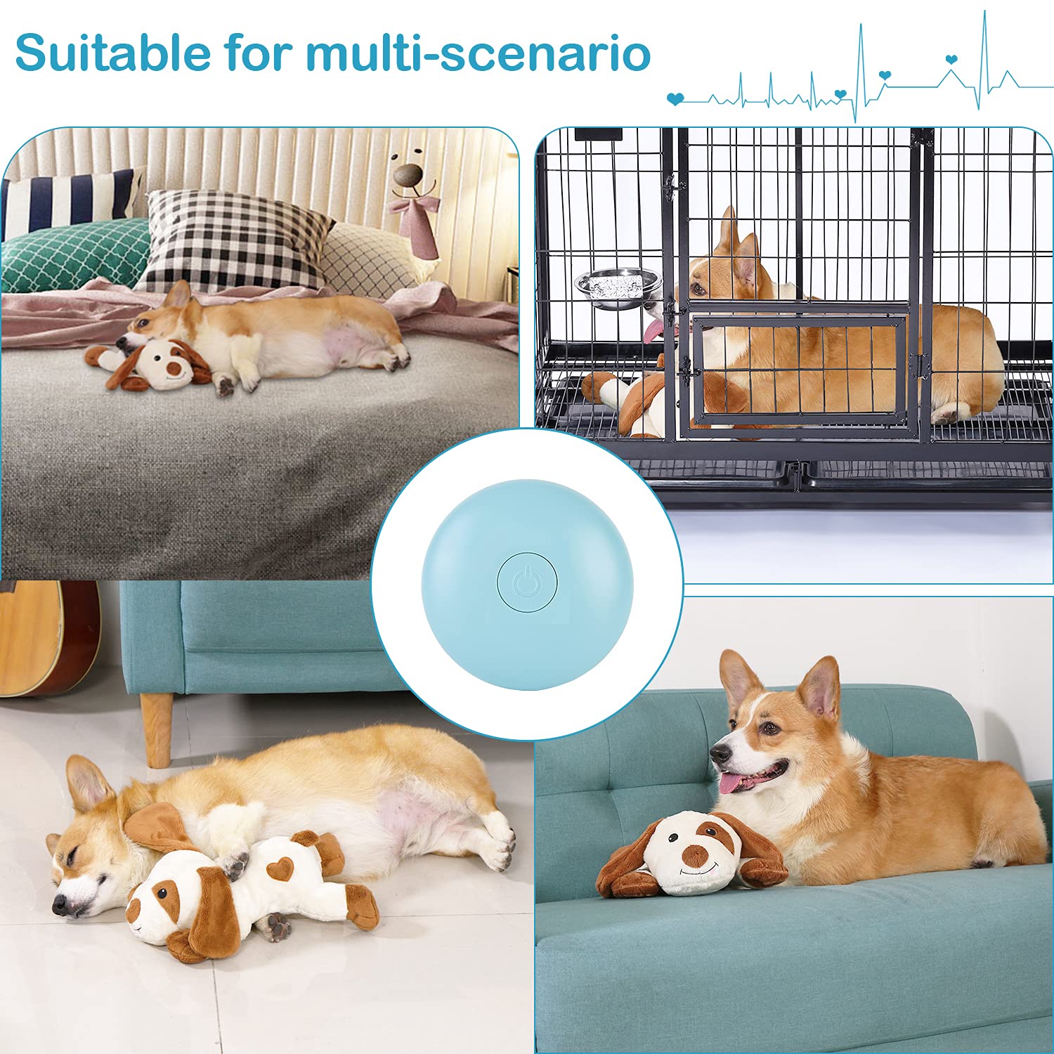 WEOK heartbeat dog toy in sleep-training scene for calming effect