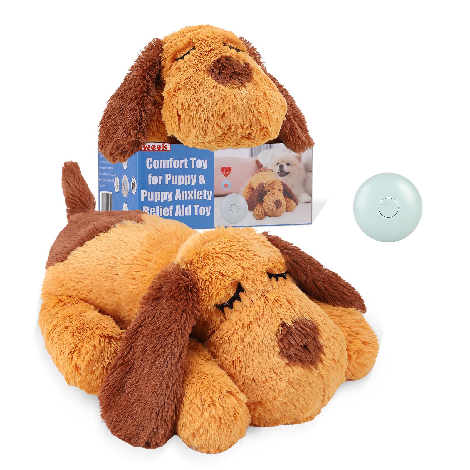 WEOK heartbeat puppy toy closeup shows plush comfort and calming heartbeat simulation