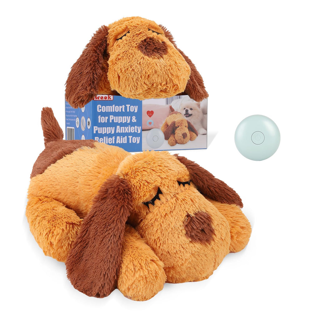 WEOK heartbeat puppy toy closeup shows plush comfort and calming heartbeat simulation
