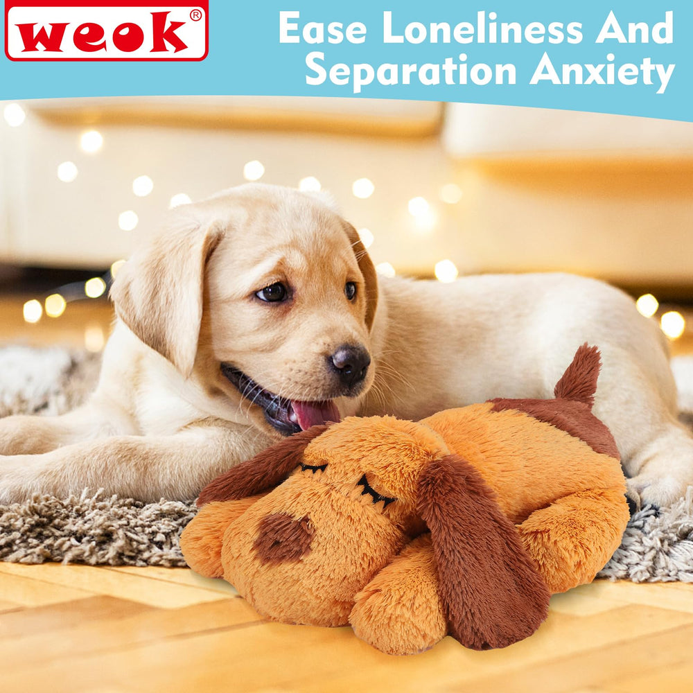 WEOK heartbeat puppy toy first-use setup showing quick start with heartbeat activation