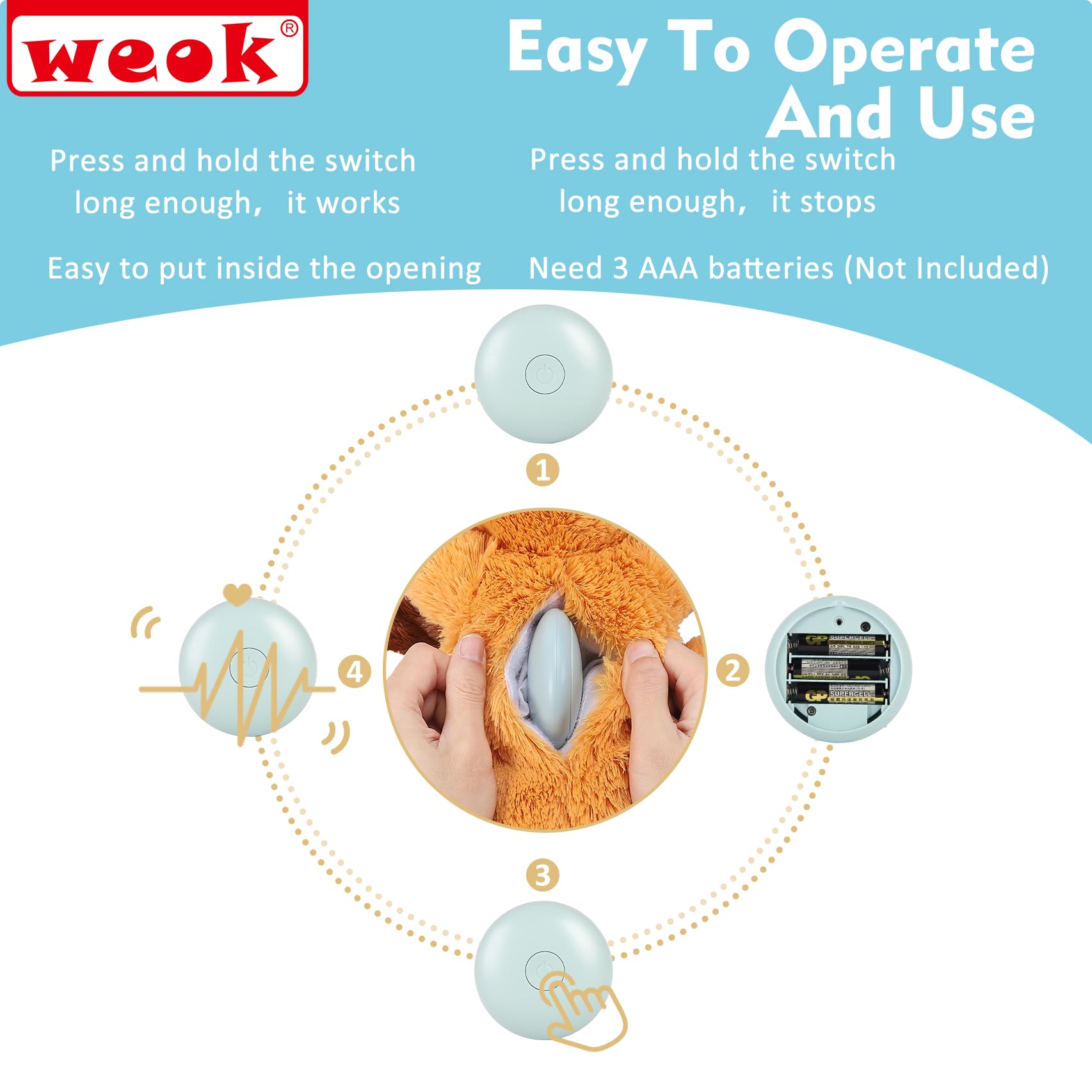 WEOK heartbeat simulator module closeup highlights easy operation and battery access