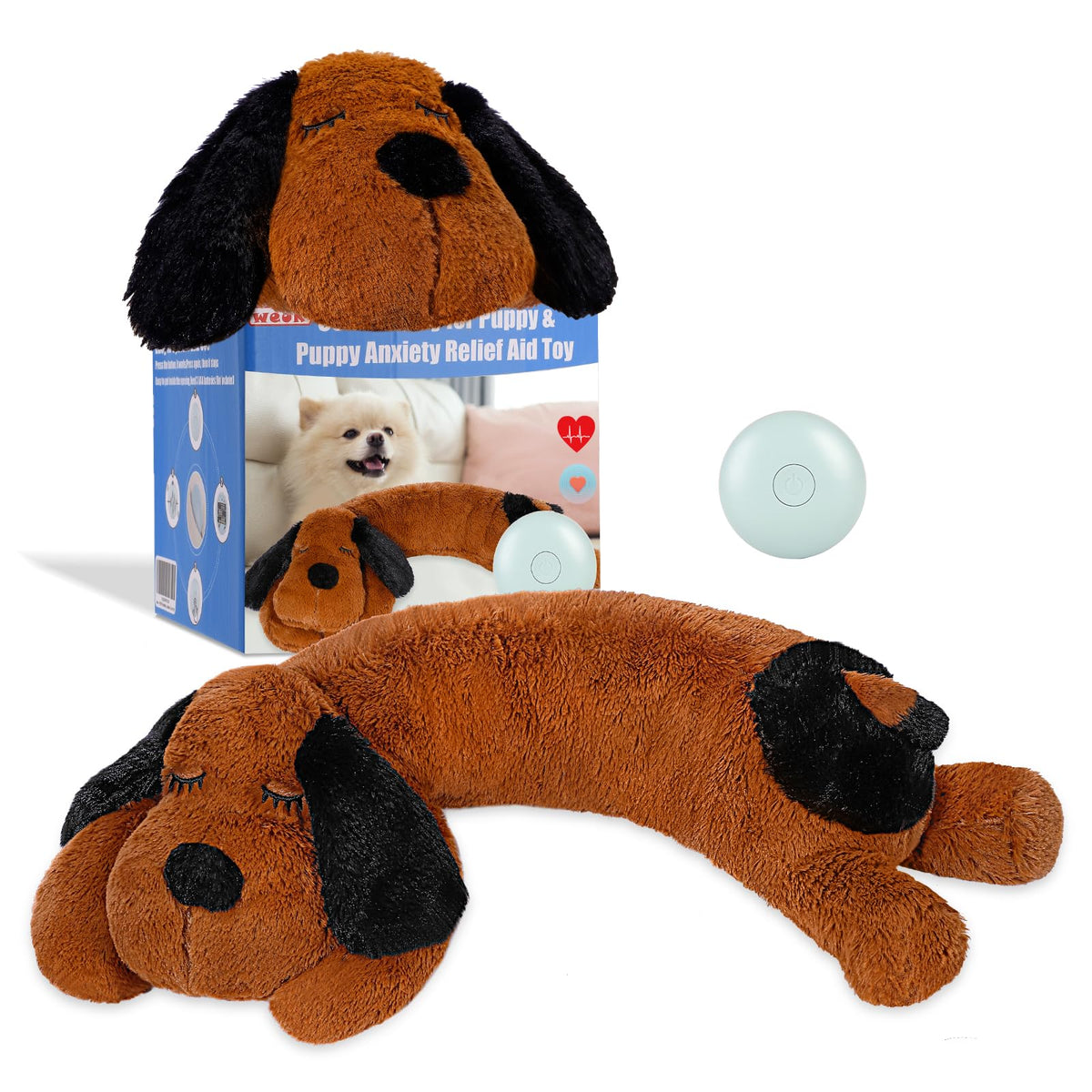 WEOK puppy-heartbeat-toy closeup shows plush comfort with heartbeat mechanism for calming pets