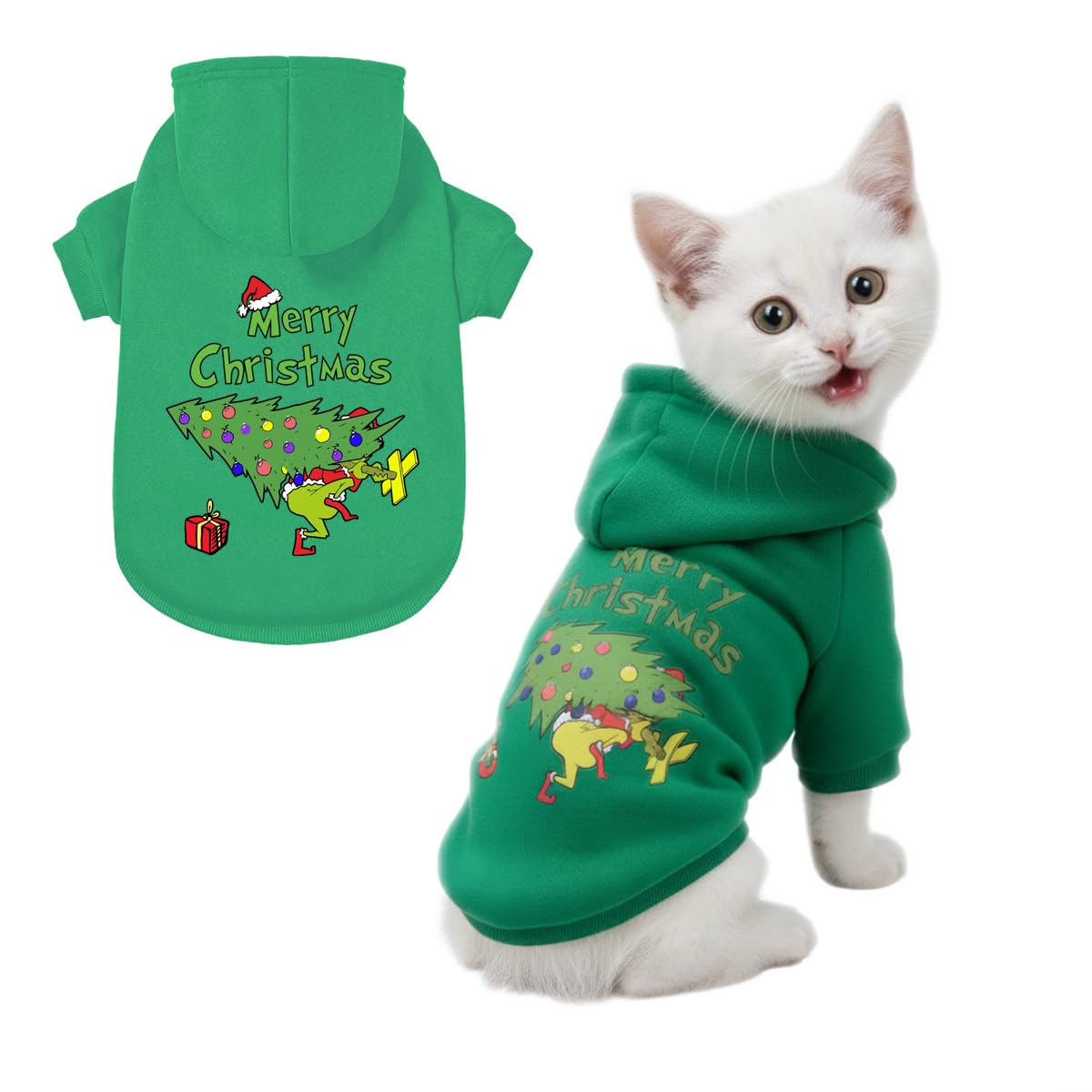 WEORGANIZE Christmas dog hoodie front view shows snug fit and warm comfort for small dogs