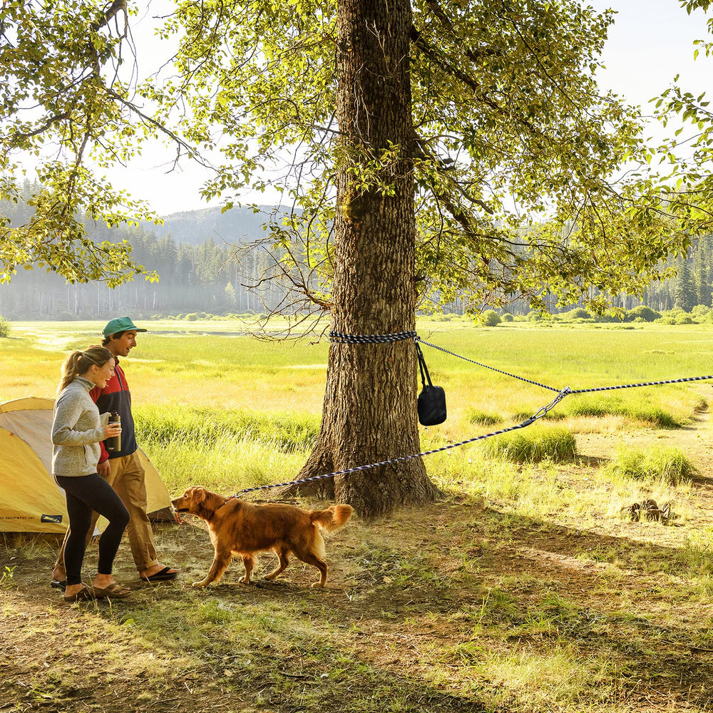 Weraher dog camping setup in yard demonstrates ready-to-go outdoor gear.