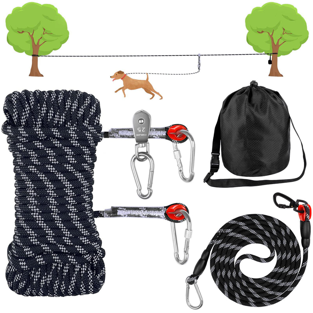 Weraher dog trolley overhead system with 50ft reach for secure outdoor play.
