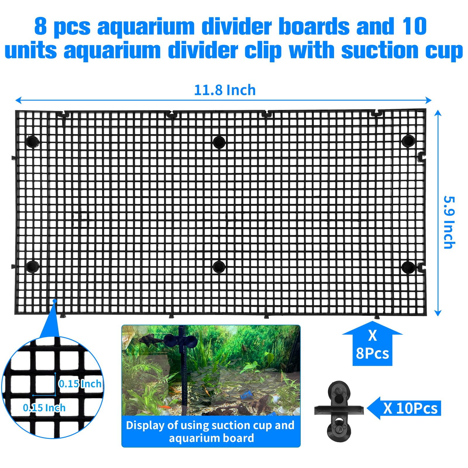 Weramics suction cups secure the divider for stable, adjustable tank partitions.