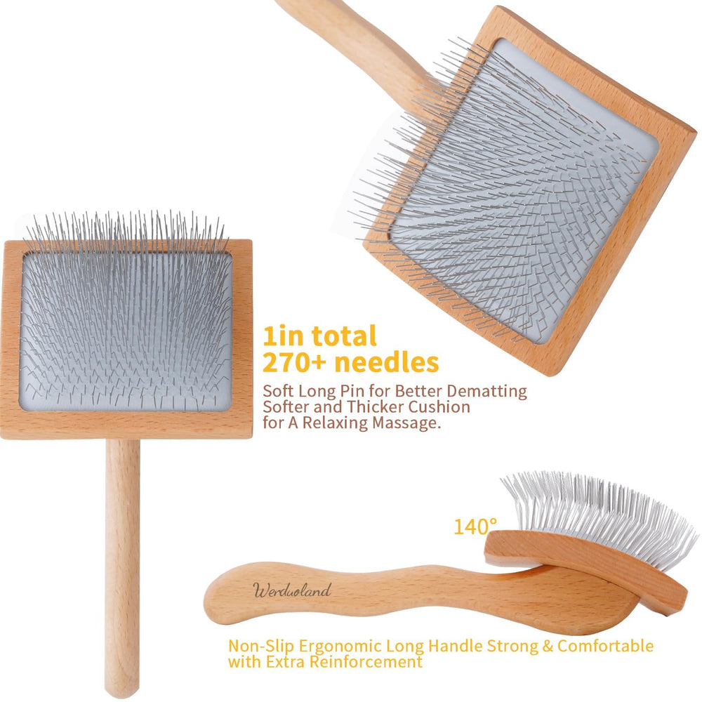 Werduoland wooden-handle slicker brush in grooming action for long-haired dogs