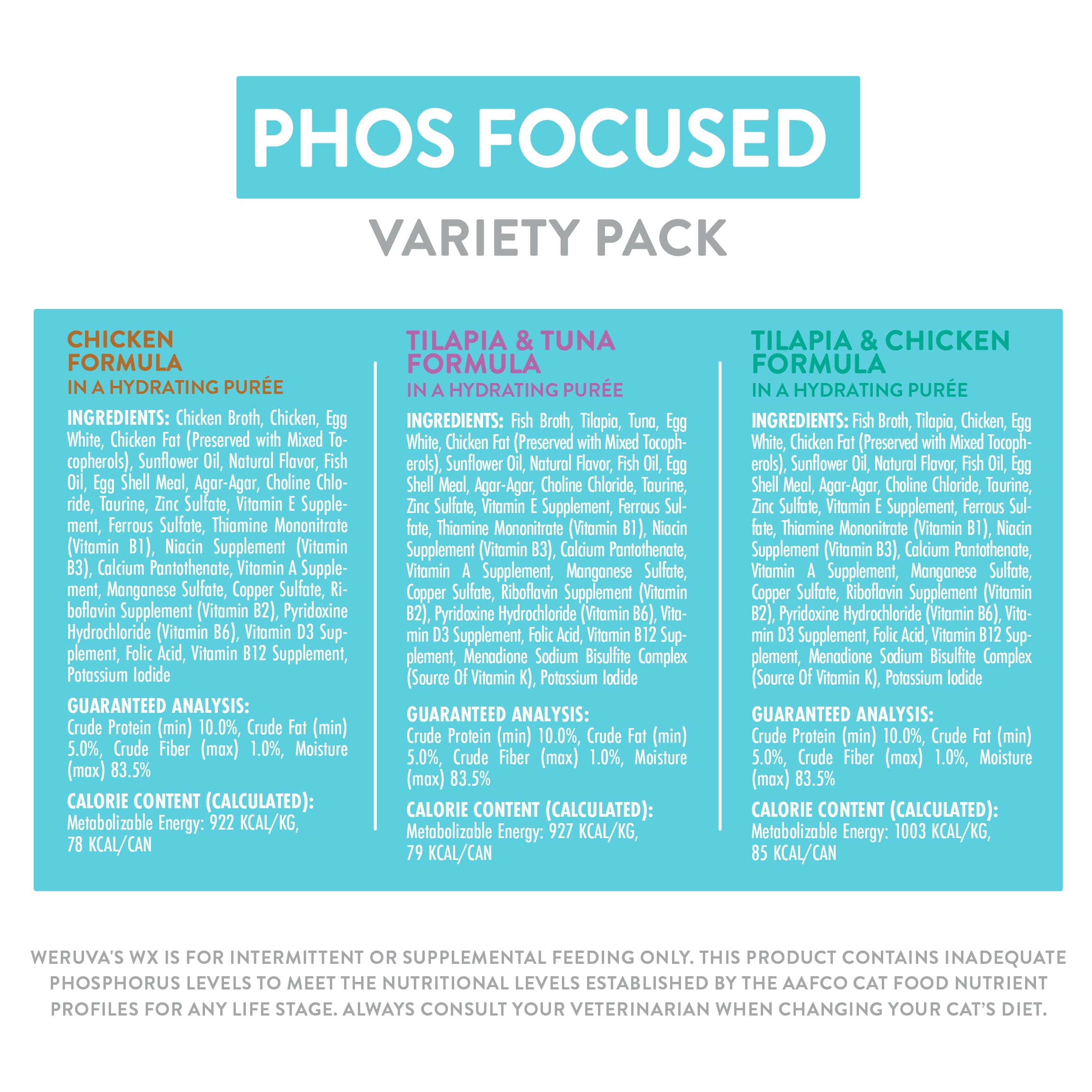 Grain-free icon on Weruva Wx Phos Focused packaging signaling easy digestion.