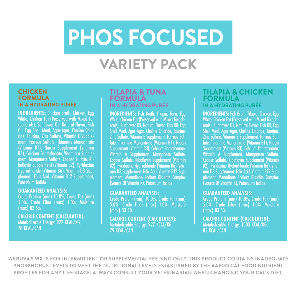 Grain-free icon on Weruva Wx Phos Focused packaging signaling easy digestion.