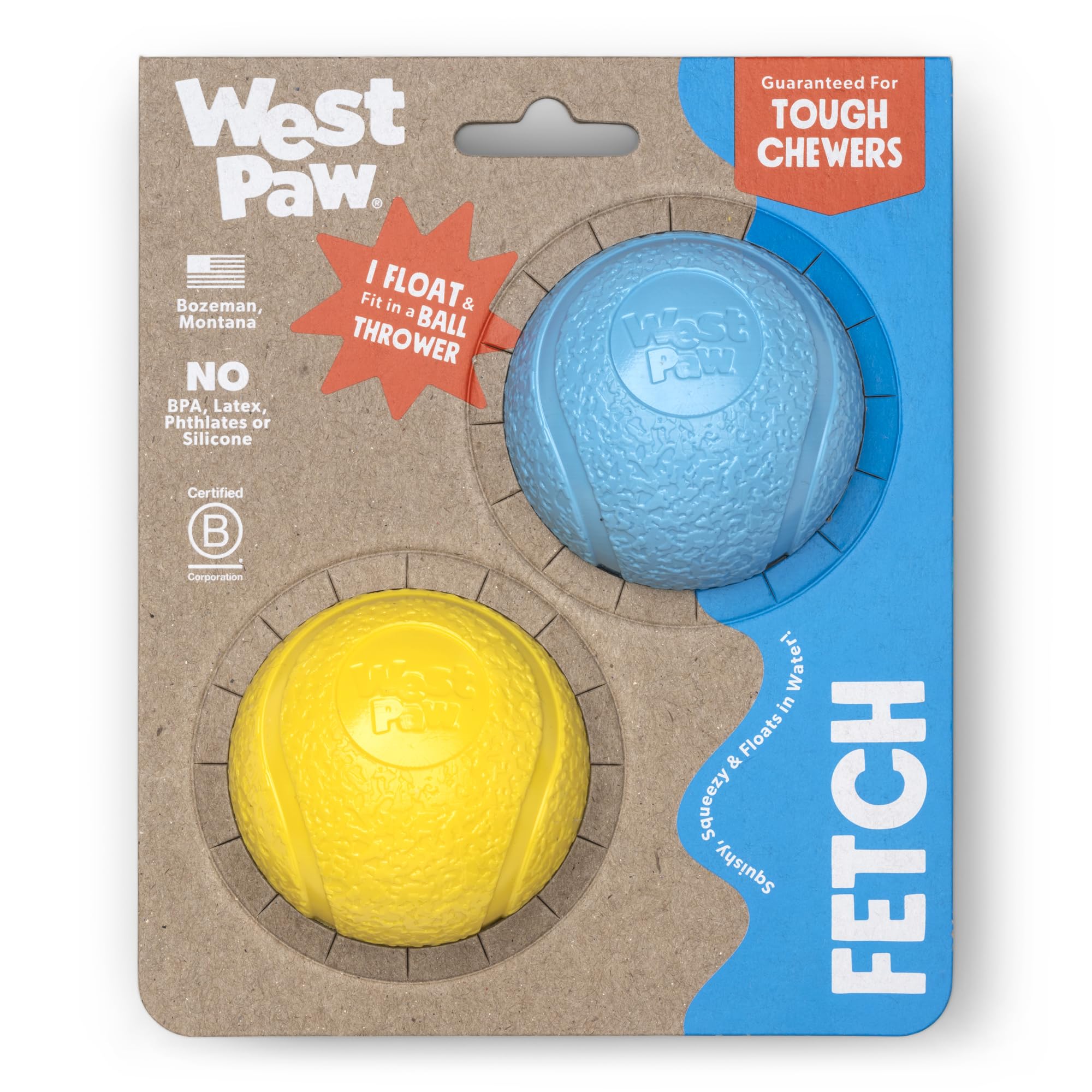 West Paw Boundr Ball 2-pack in aqua blue and dandelion yellow for interactive fetch.
