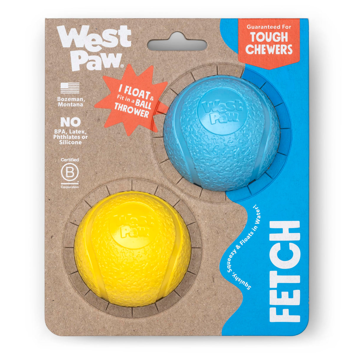 West Paw Boundr Ball 2-pack in aqua blue and dandelion yellow for interactive fetch.
