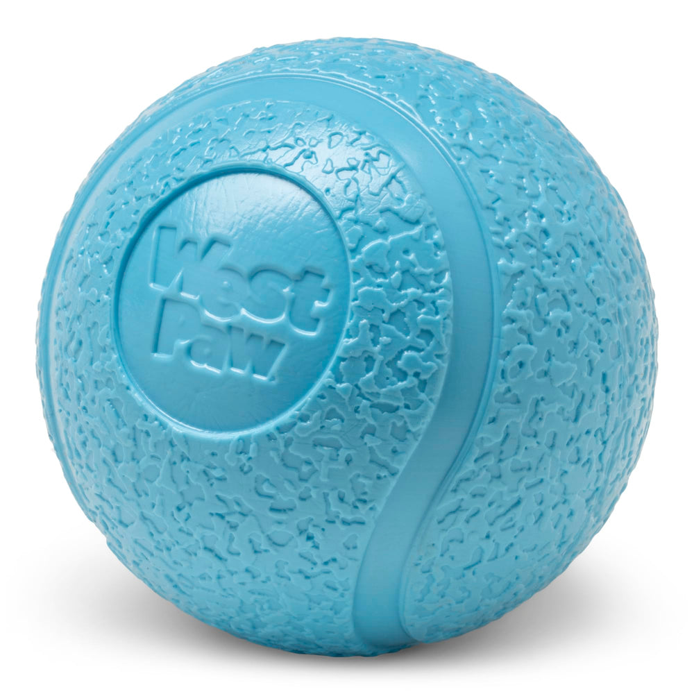 West Paw Boundr Ball floats for water play and easy retrieval.