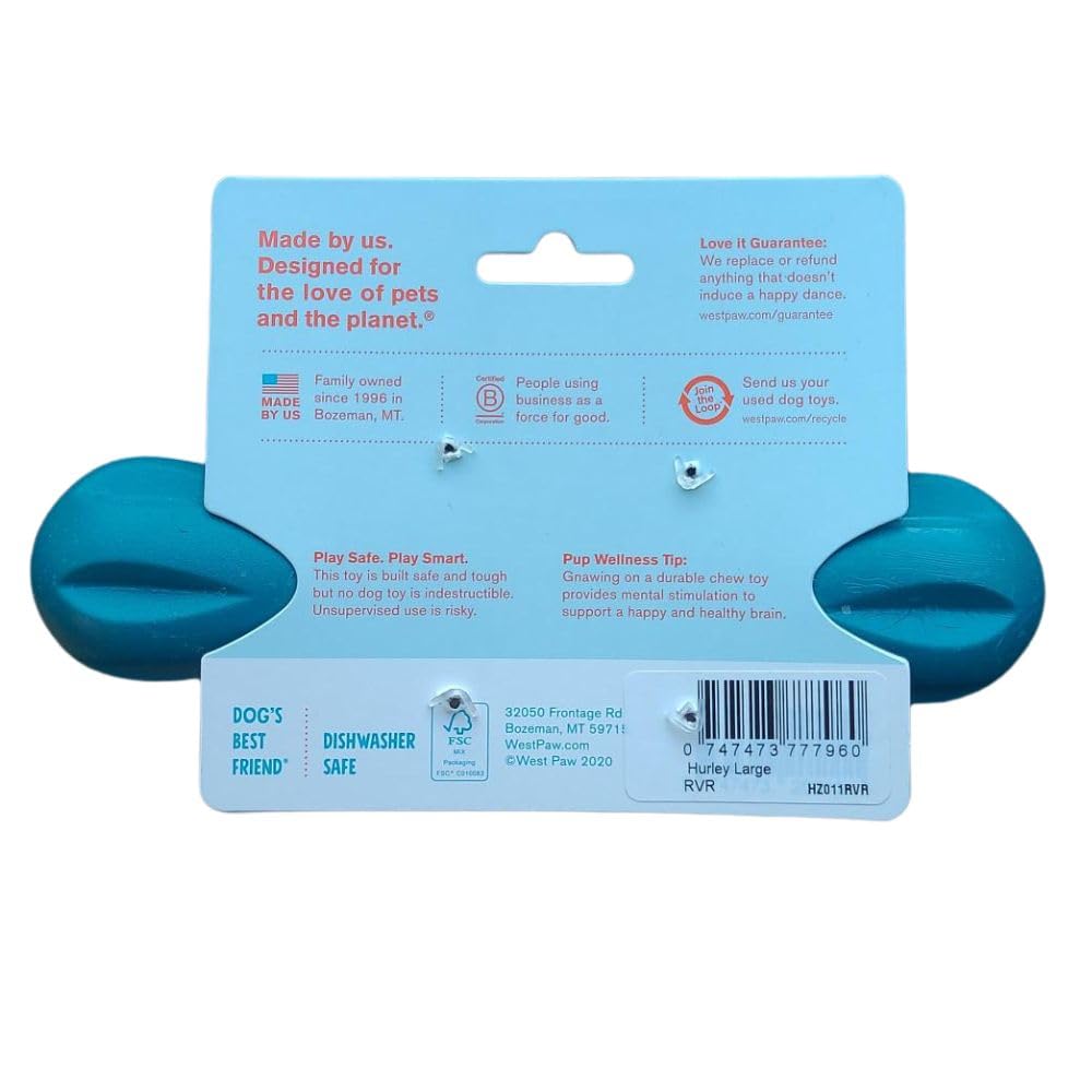 West Paw Hurley large river dog bone in water demonstrating floatable fetch and outdoor play.