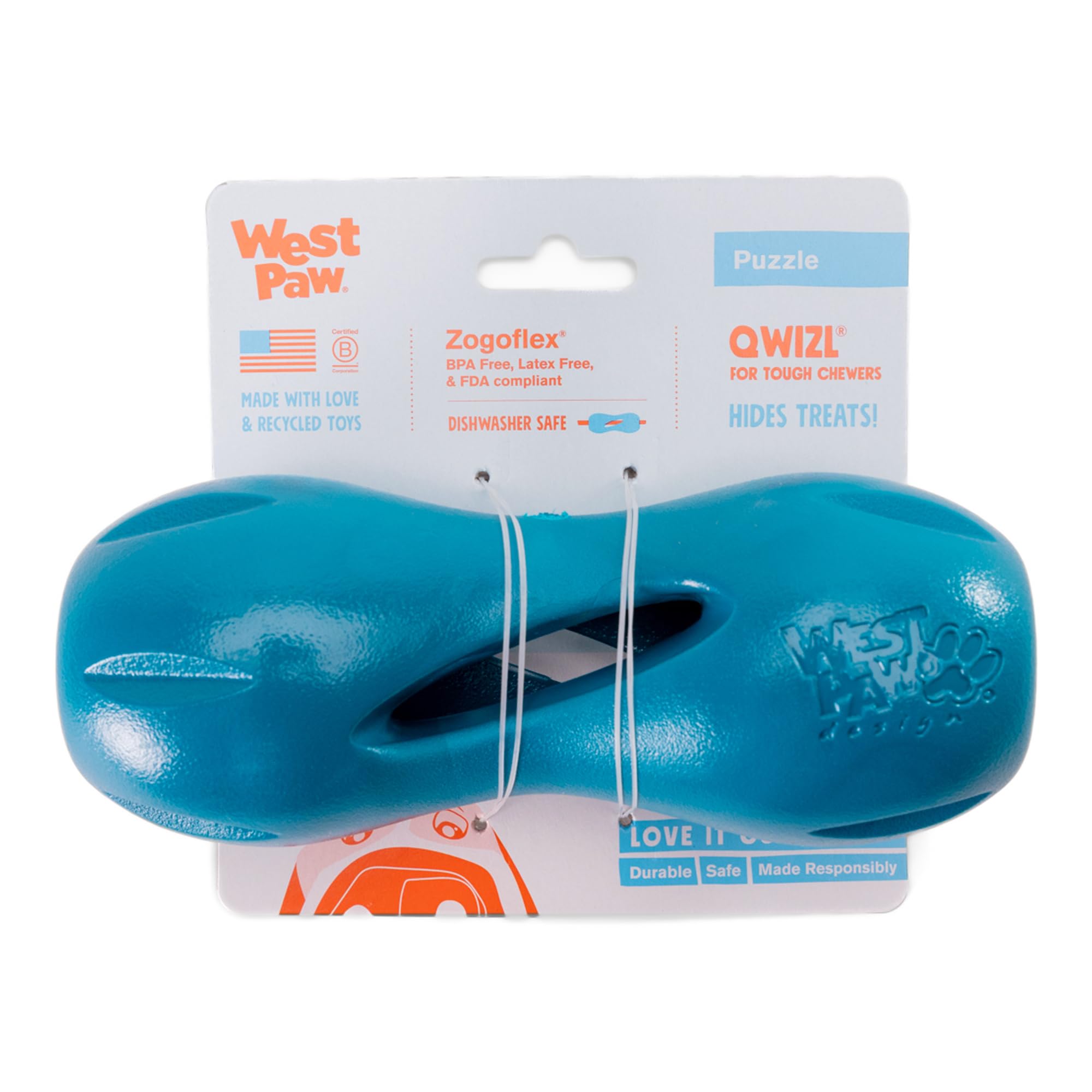 West Paw Qwizl durable-design enhances tough-chewer play and engagement.