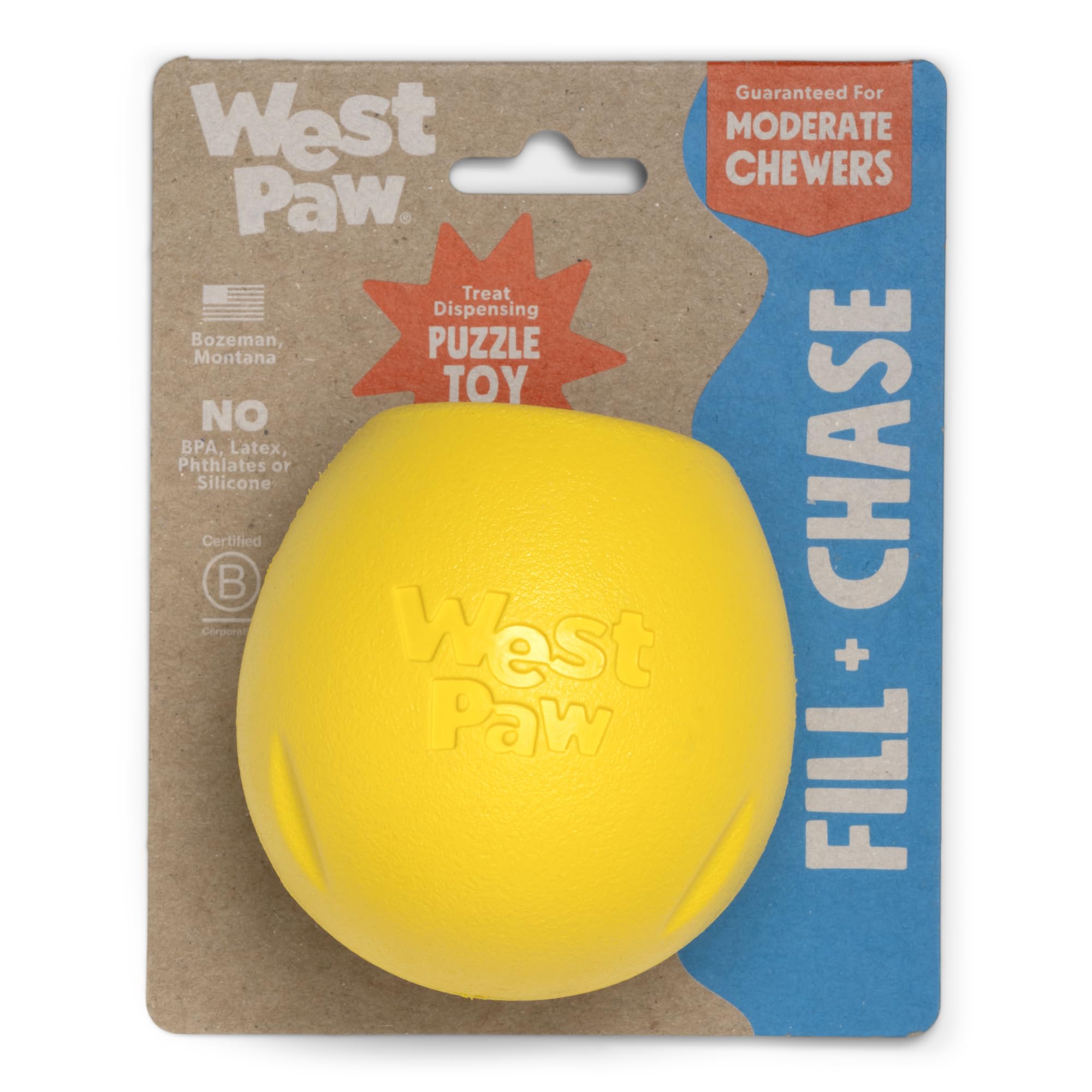 West Paw Rumbl small dandelion-yellow fill opening enables easy loading.