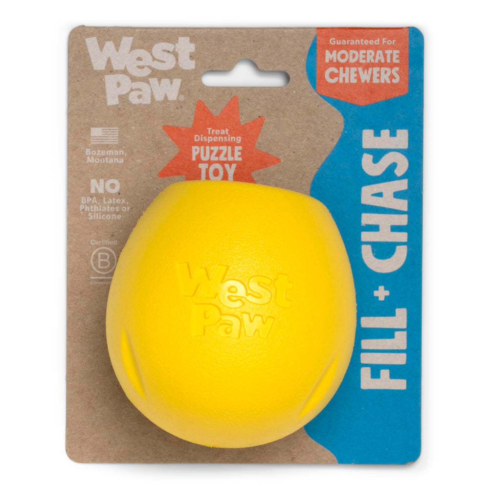 West Paw Rumbl small dandelion-yellow fill opening enables easy loading.