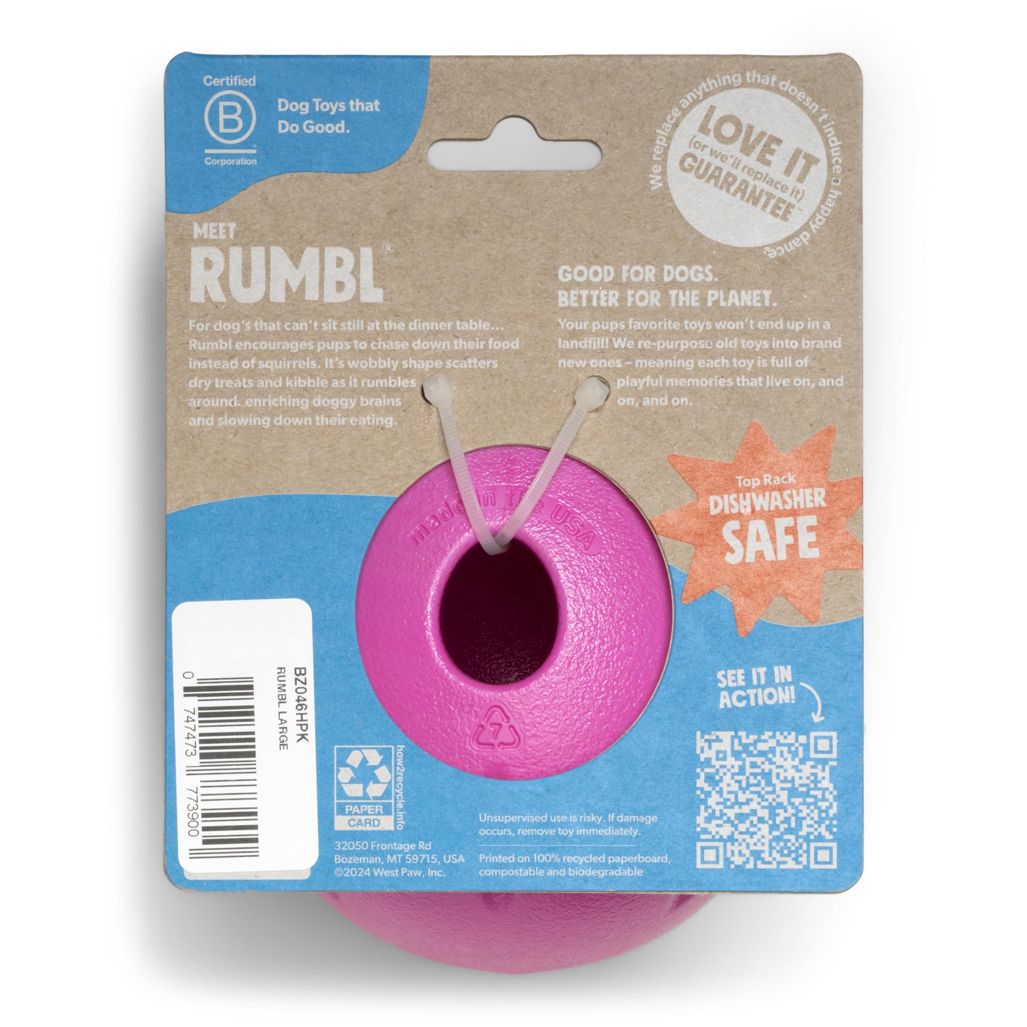 WEST PAW Rumbl treat-dispensing mechanism supports slow feeding and enrichment.
